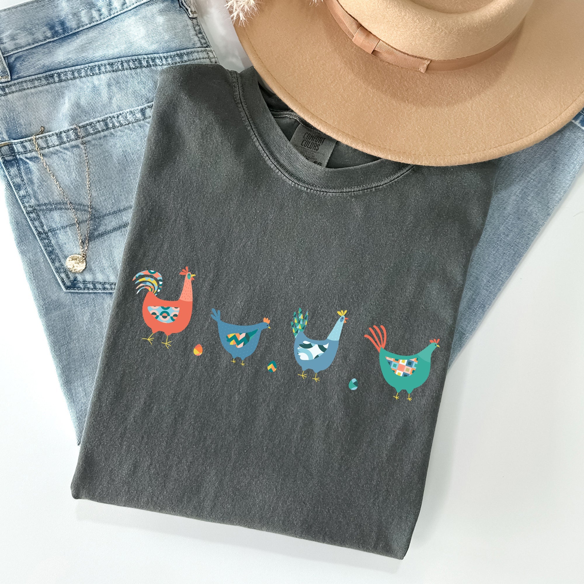 Easter Chickens and Eggs Springtime Vintage Colorful Theme Seasonal Comfort Colors Tee