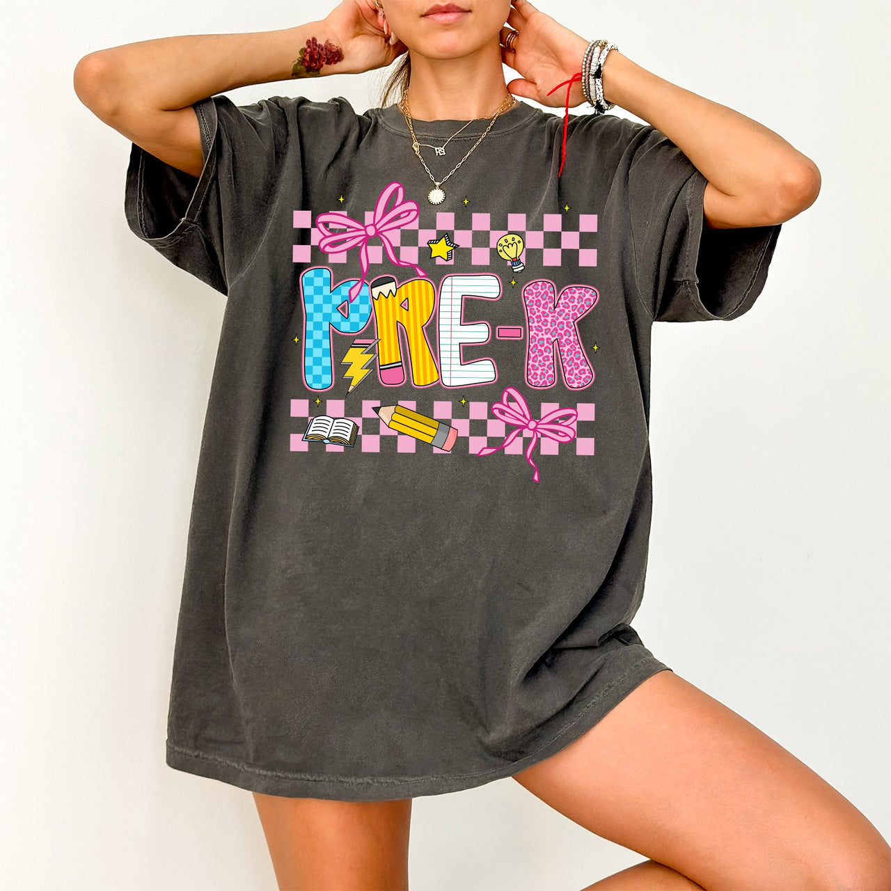 Pre-K Teacher Checkered Bow First Day Back To School Cute Teacher Appreciation Comfort Colors Tee