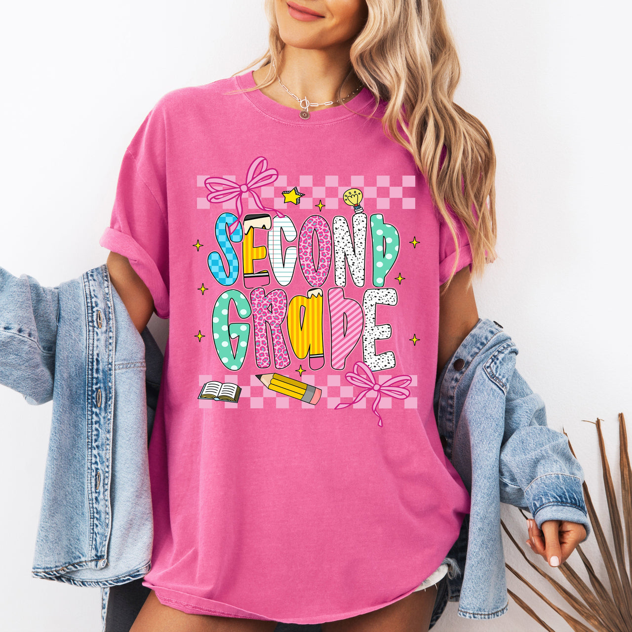 Second Grade Teacher Checkered Bow First Day Of School Back To Class Comfort Colors Tee