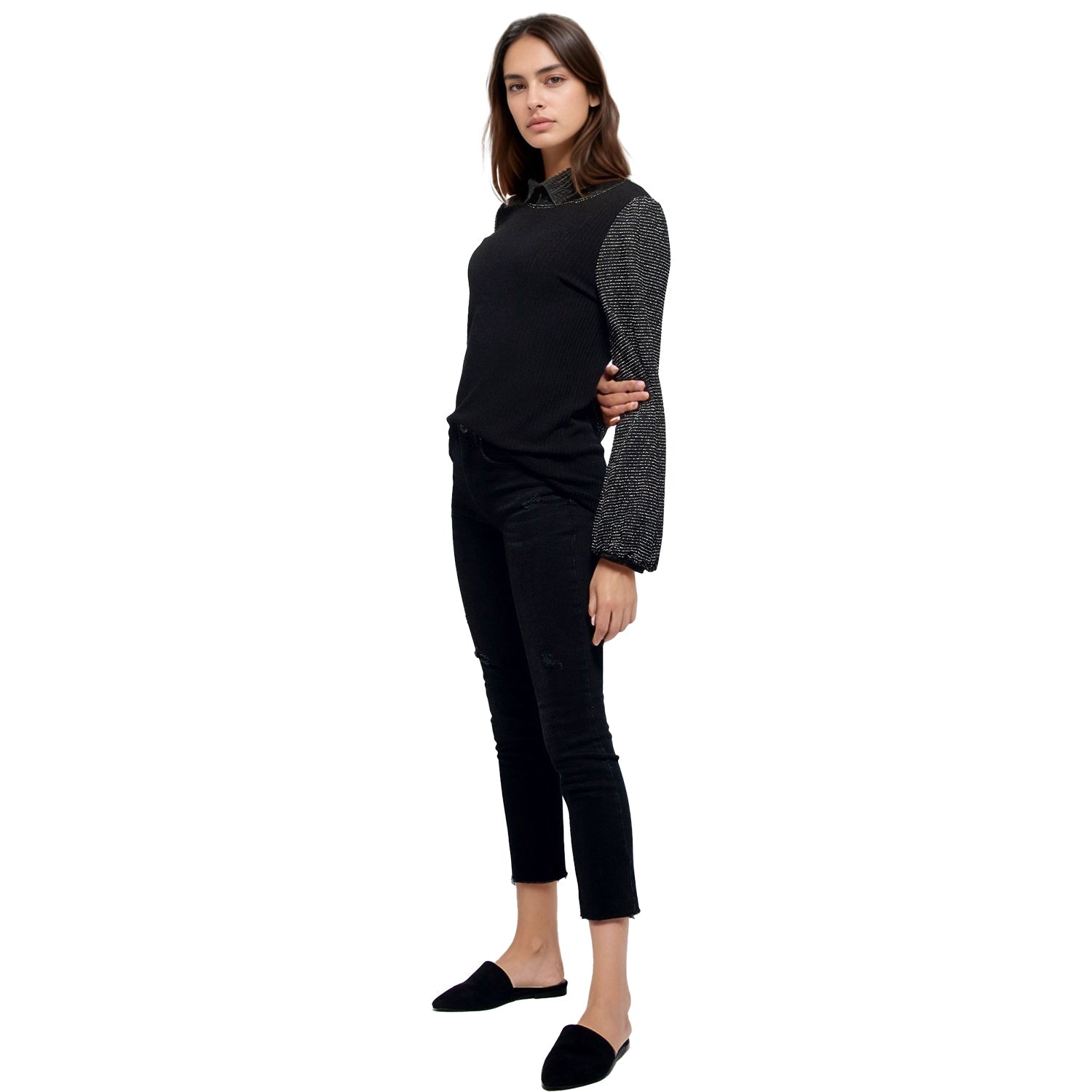 Pleione Women's Ribbed Round Neck Top in Black Silver