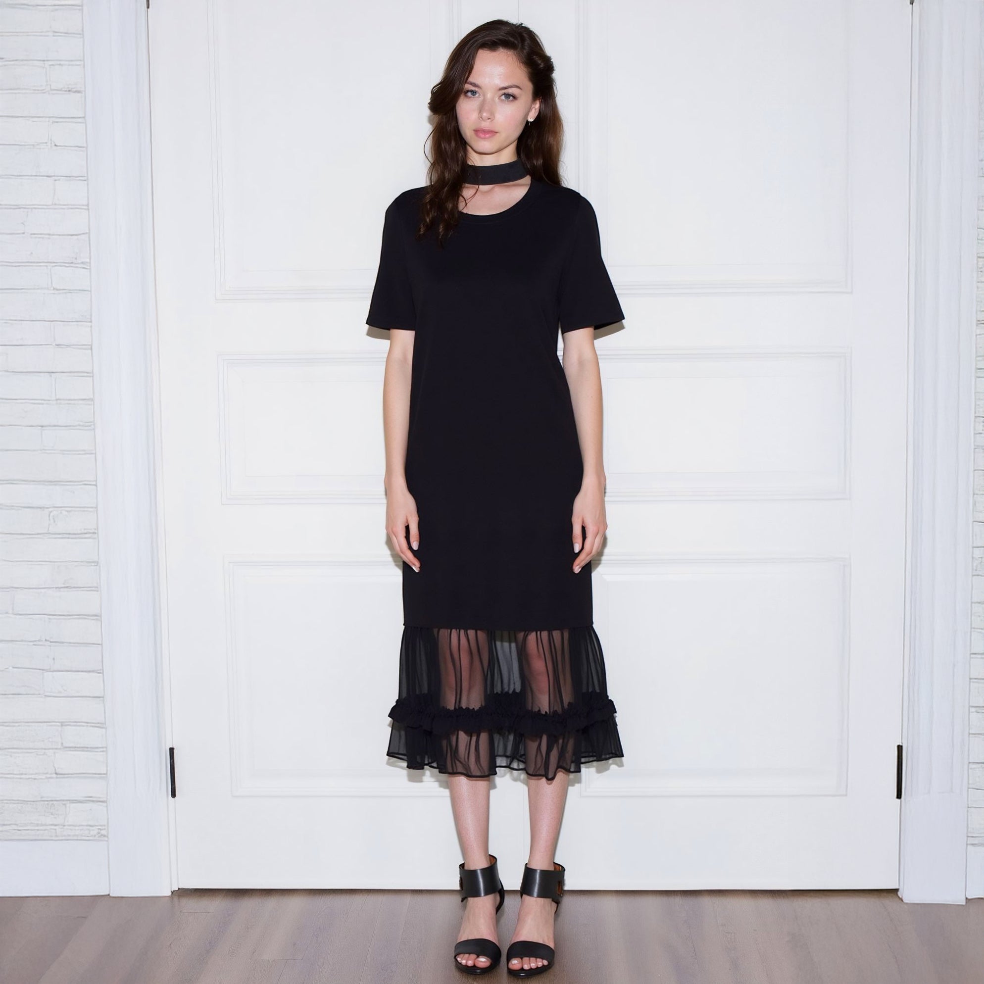 Women's Sheer Contrast Ruffle Hem Midi Dress In Black