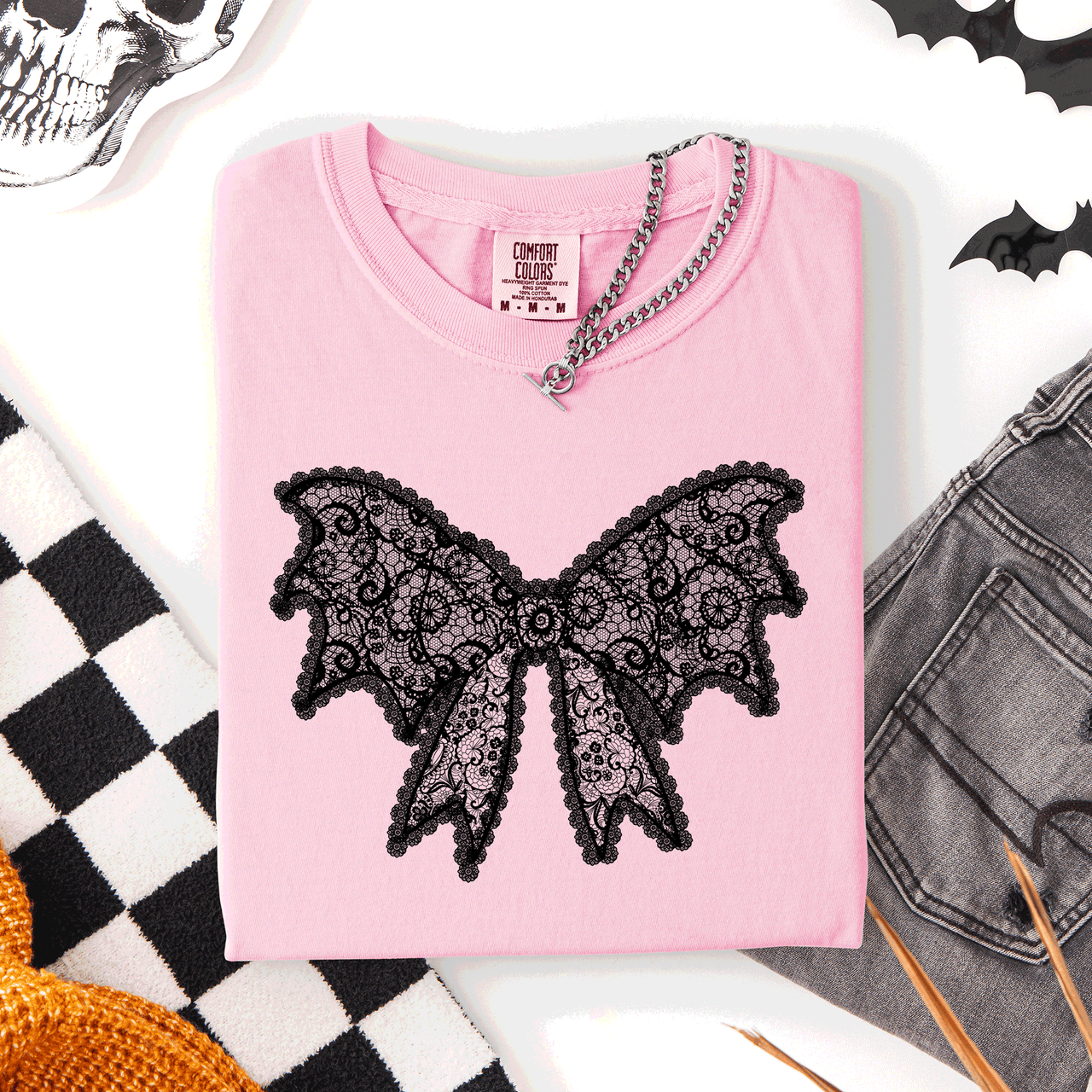 Lace Bow Halloween Goth Faux Lace Ribbon Coquette Silhouette Across The Night Comfort Colors Tee