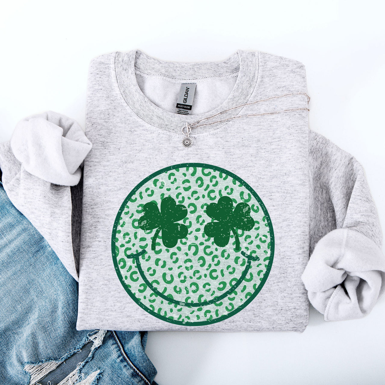 Leopard Print Smiley Retro Shamrock Clover Lucky Leprechaun St Patrick's Day Sweatshirt