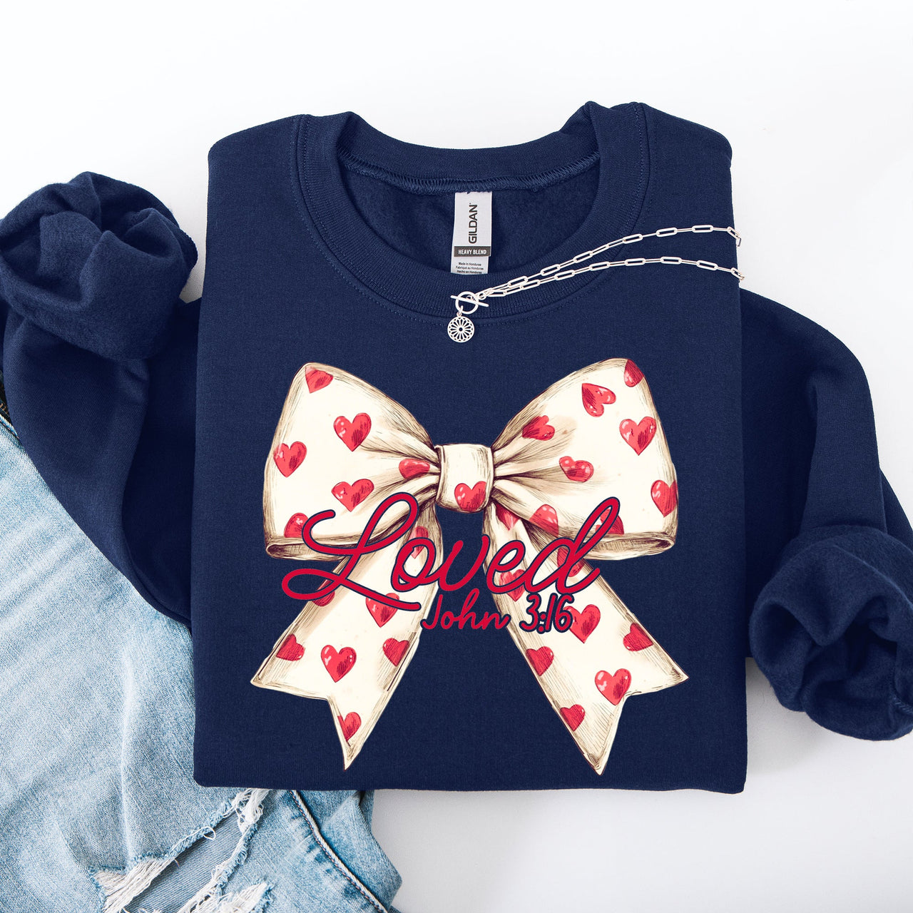 Loved John 3:16 Valentine's Day Hearts Ribbon Bow Christian Faith Bible Verse Inspired Sweatshirt