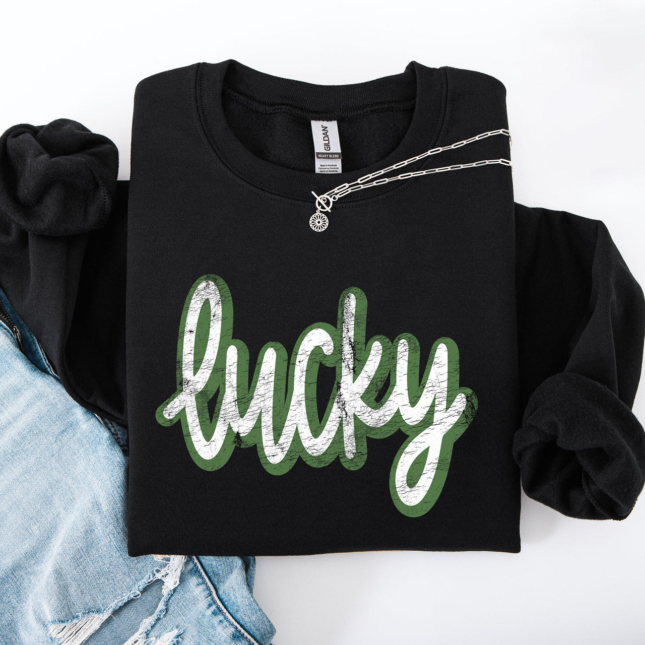 Lucky Cursive Vintage St Patrick's Day Shamrock Clover Leprechaun Graphic Sweatshirt