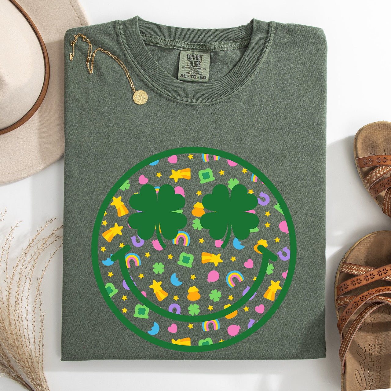 Lucky Smiley Retro Charms St Patrick's Day Shamrock Clover Leprechaun Comfort Colors Tee