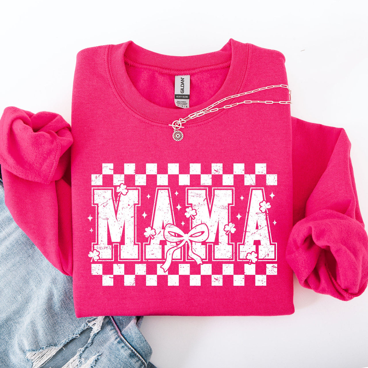 Mama Checkered Bow Ribbon St Patrick's Day Shamrock Clover Leprechaun Sweatshirt