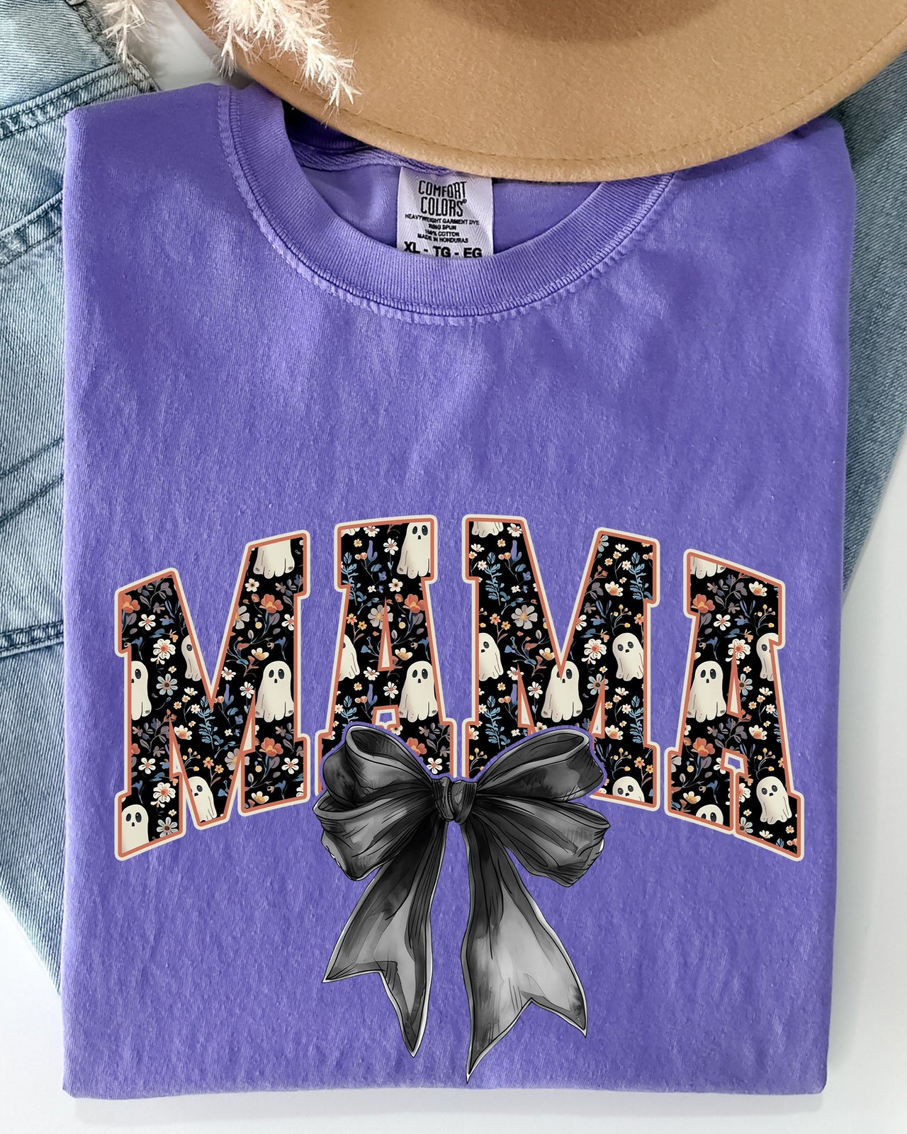 Mama Halloween Bow Ribbon Goth Spooky Witch Varsity Collegiate Comfort Colors Tee