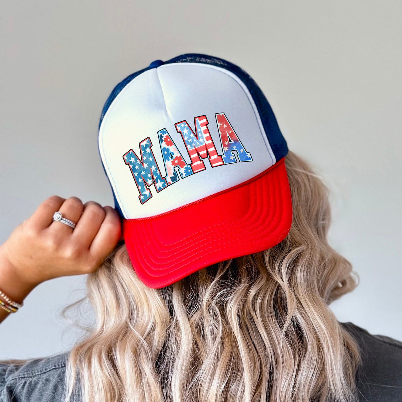 Mama Pattern Patriotic Flag Inspired Bold Lettering Vintage Style Americana Motif Snapback Trucker Hat