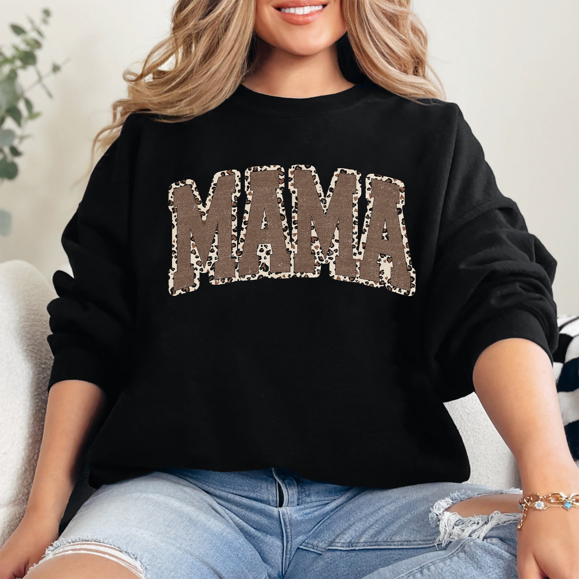 Mama Textured Leopard Print Mother's Day Retro Varsity Cozy Casual Classic Sweatshirt