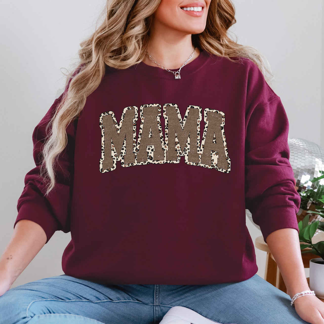 Mama Textured Leopard Print Mother's Day Retro Varsity Cozy Casual Classic Sweatshirt