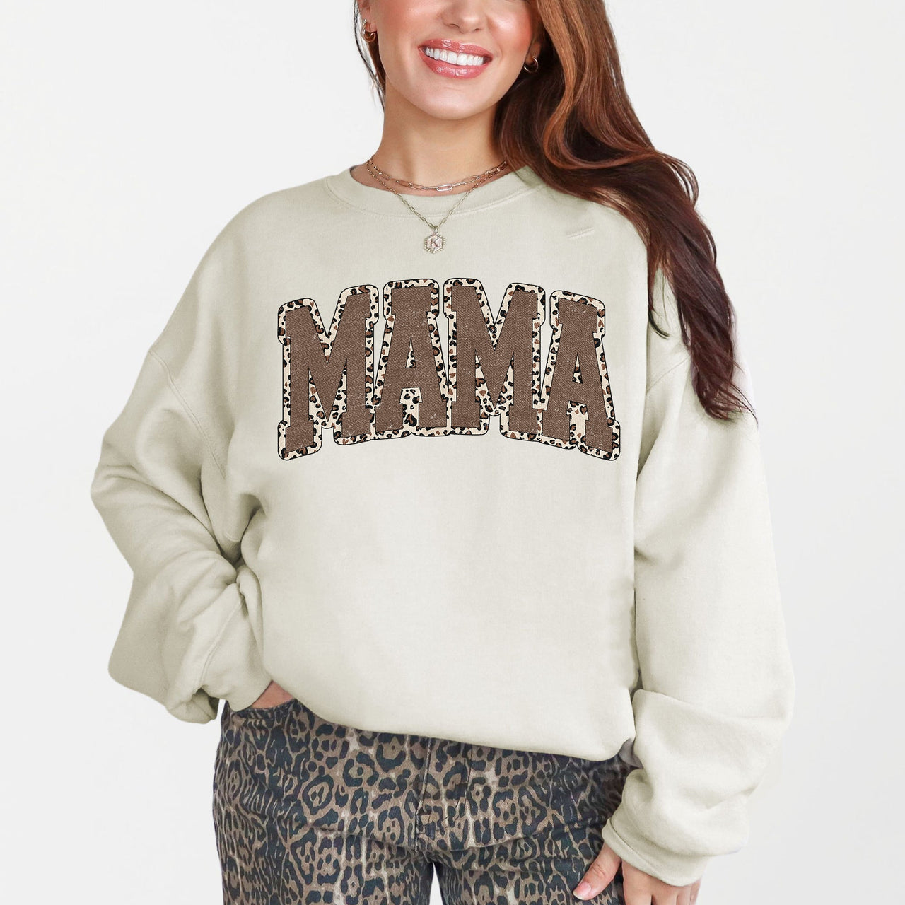 Mama Textured Leopard Print Mother's Day Retro Varsity Cozy Casual Classic Sweatshirt