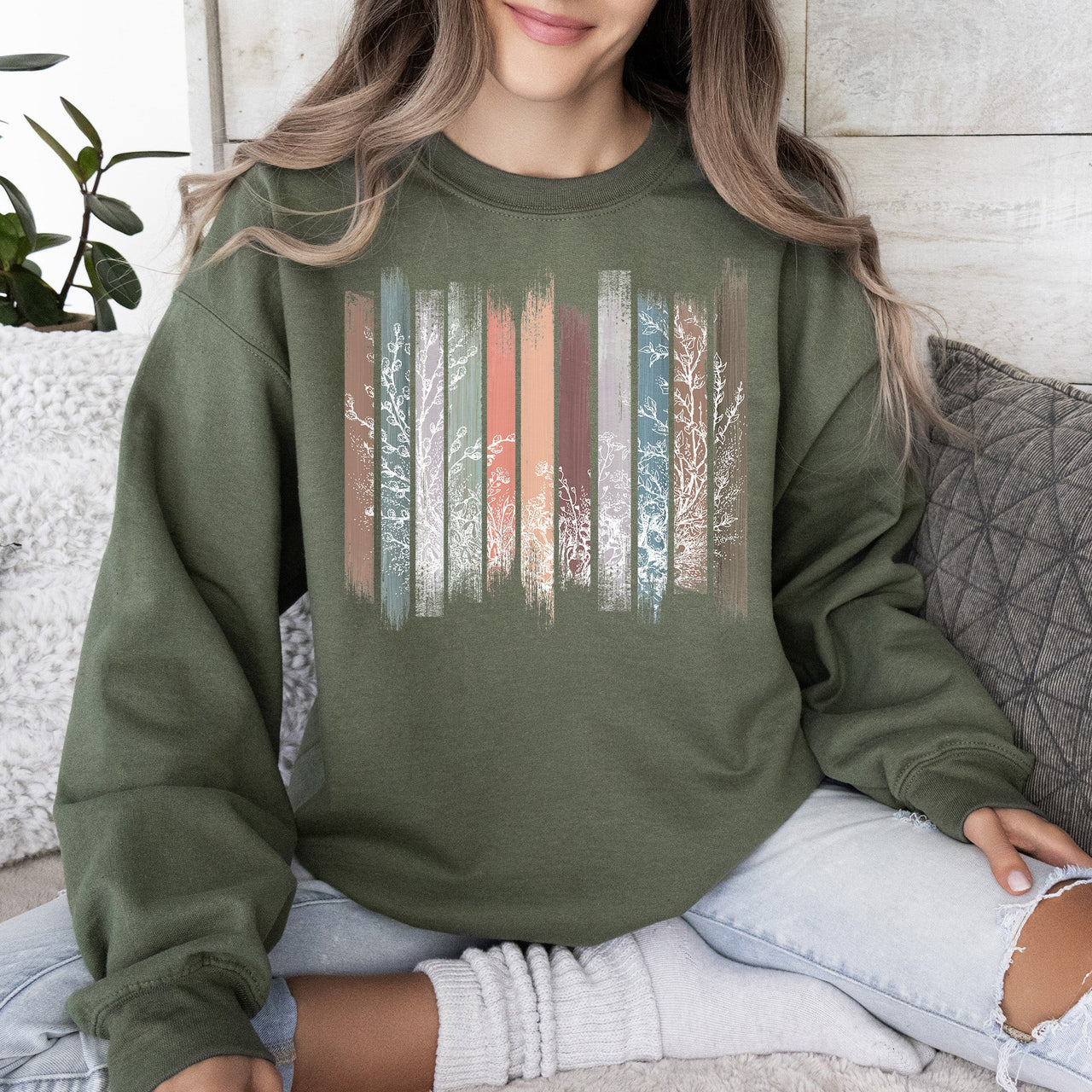Meadow Vines And Flowers In Nature Botanical Stripes Garden Meadow Bloom Pastoral Scene Sweatshirt