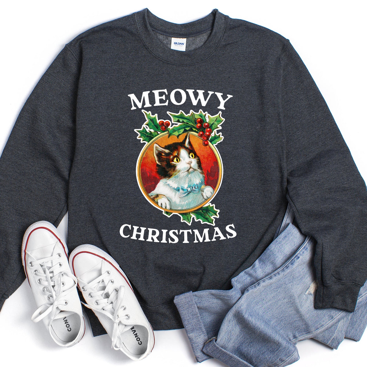 Premium Meowy Christmas Retro Cat Festive Feline Nostalgia Holiday Design Sweatshirt