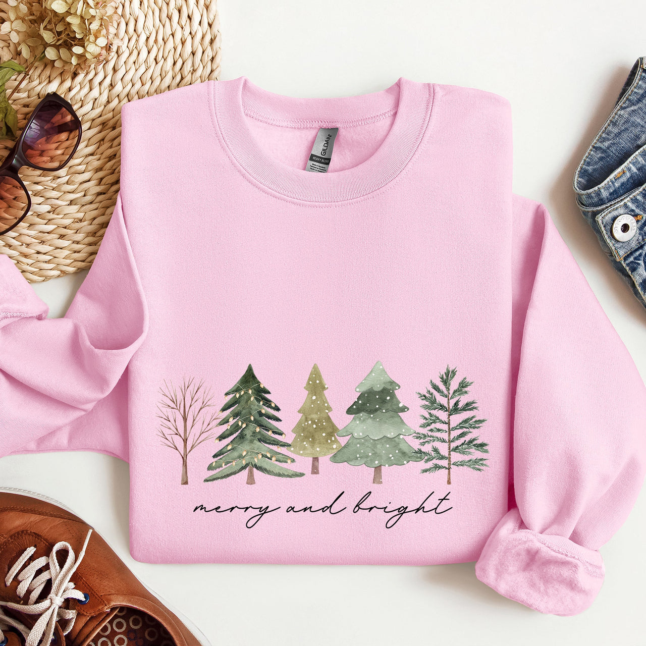 Merry And Bright Watercolor Trees Christmas Holiday Edition Cozy Winter Sweatshirt