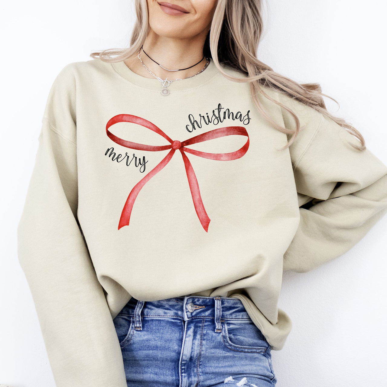 Merry Christmas Bow Coquette Cutesy Santa Classic Girly Cozy Holiday Graphic Sweatshirt