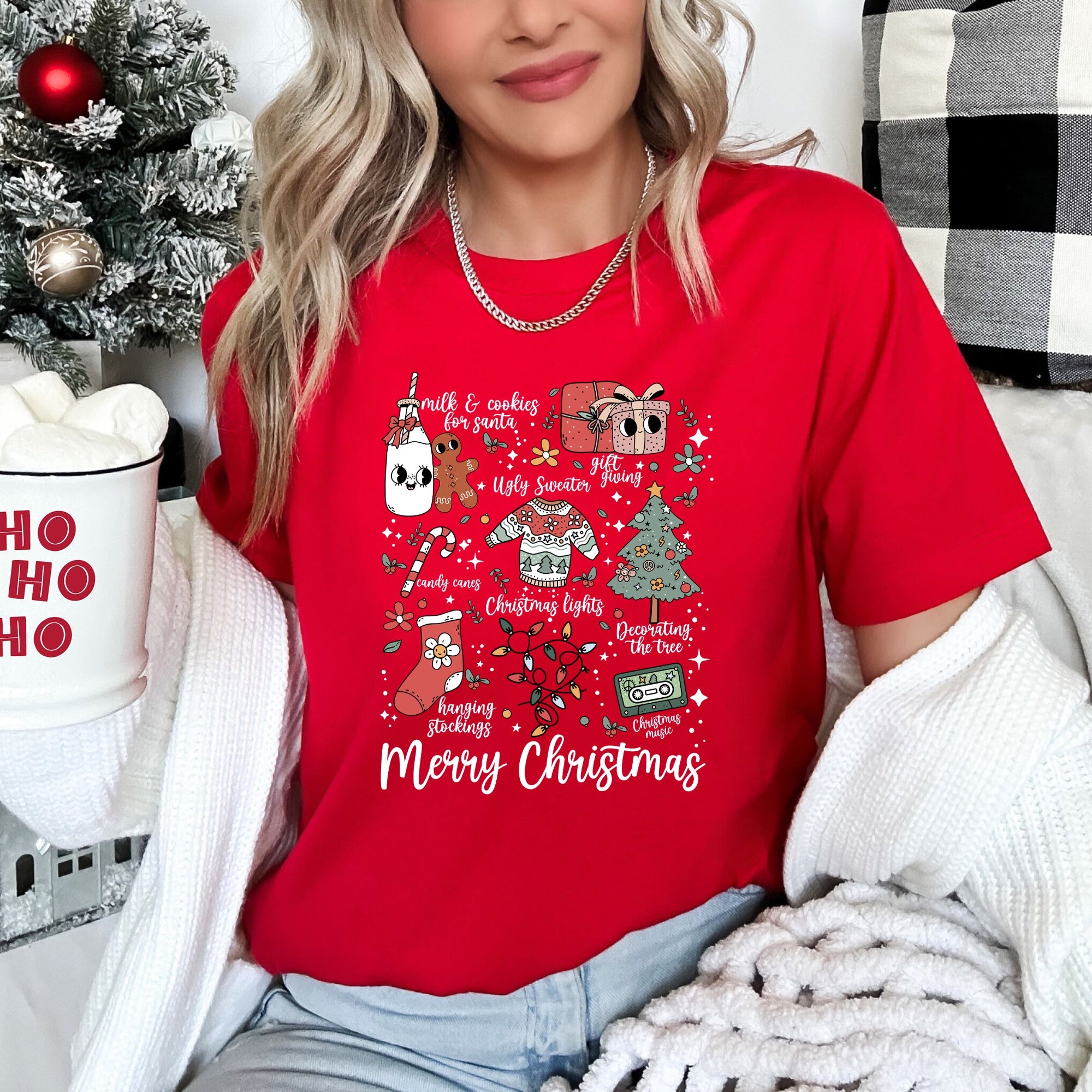 Merry Christmas Doodles Santa Stockings Tree Retro Cozy Vintage Holiday Illustration Graphic Tee