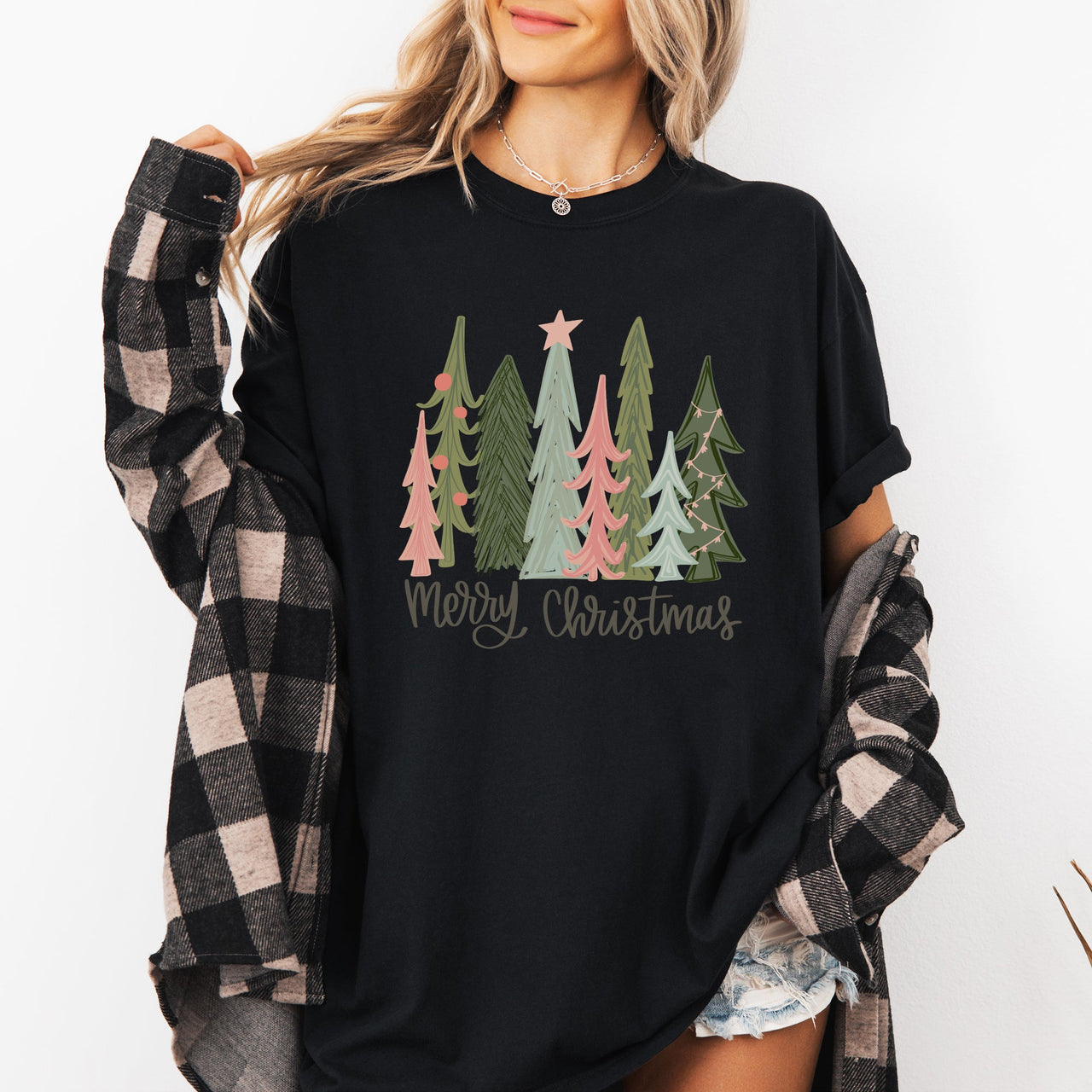 Merry Christmas Trees Festive Winter Scene With Santa And Snow Comfort Colors Tee