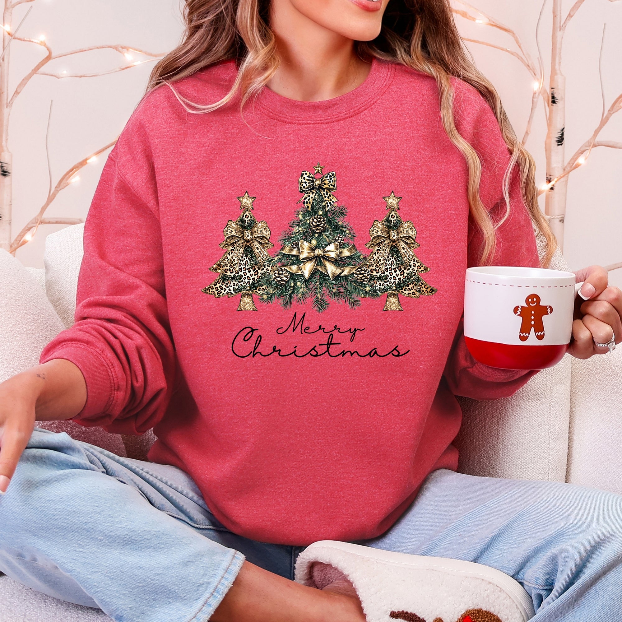 Merry Christmas, Christmas Trees, Ribbons, Bows Illustrated Design Pattern Sweatshirt