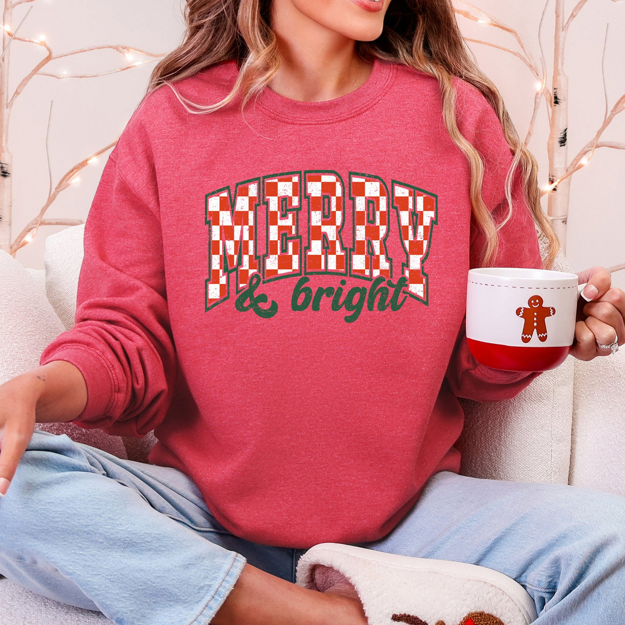 Merry And Bright Christmas Checkered Retro Festive Cozy Vintage Inspired Seasonal Holiday Cheer Sweatshirt