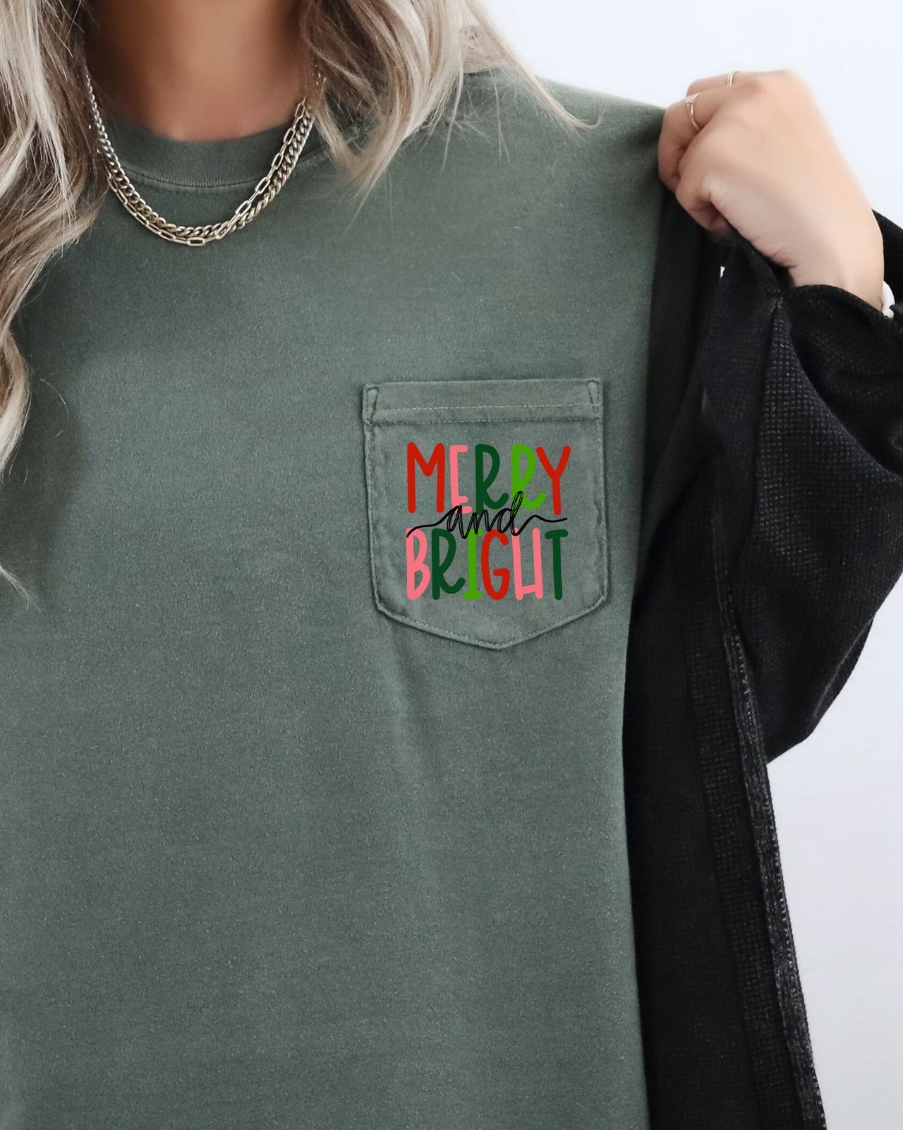 Merry And Bright Christmas Santa Snow Xmas Pocket Colorful Winter Scene Comfort Colors Tee
