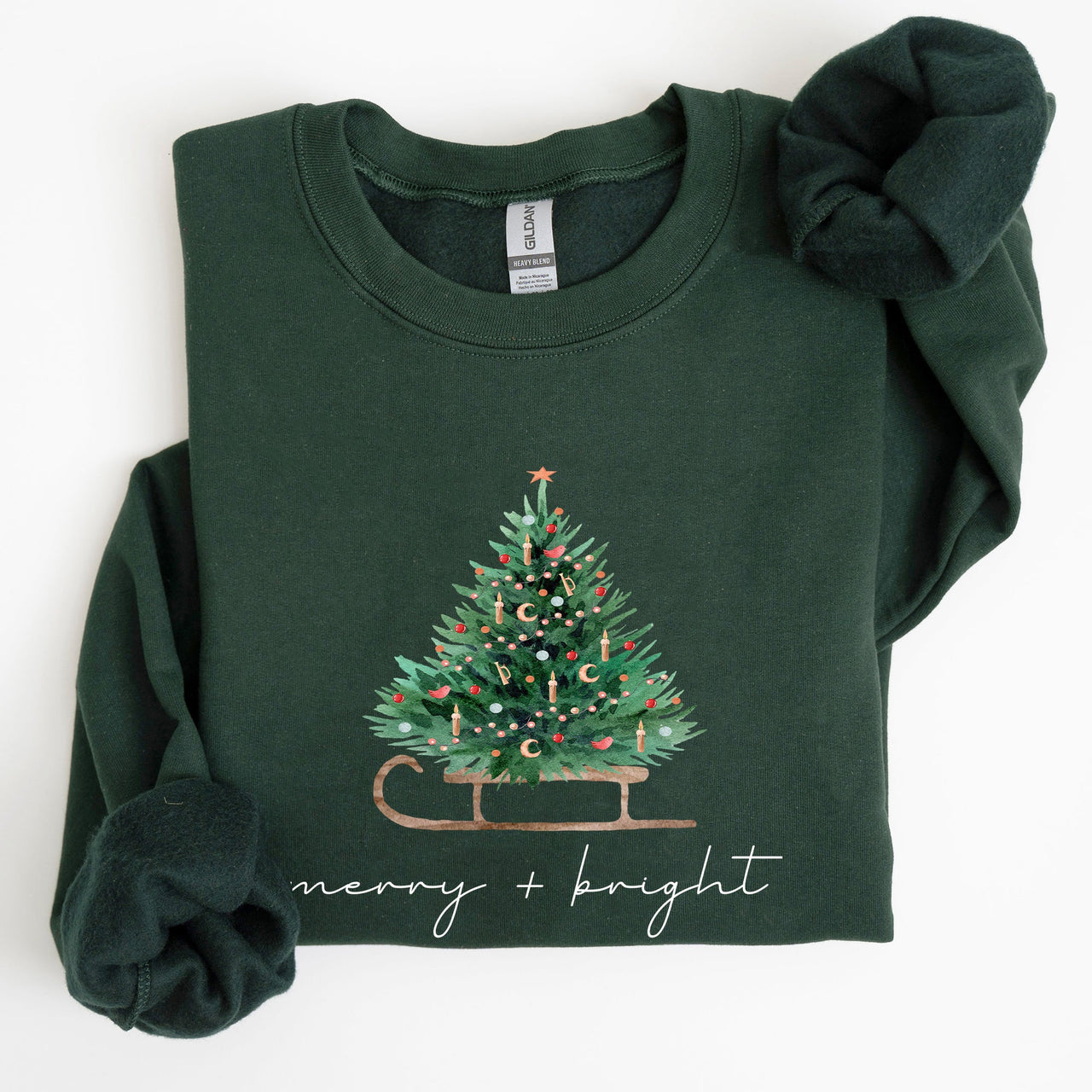 Merry And Bright Holiday Sleigh And Christmas Tree Winter Snow Xmas Scene Sweatshirt