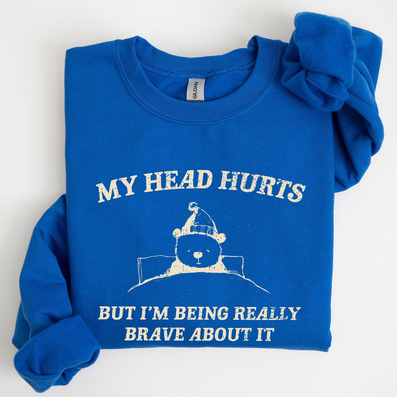 My Head Hurts Bear Sick Meme Aesthetic Funny Graphic Premium Soft Cotton Sweatshirt