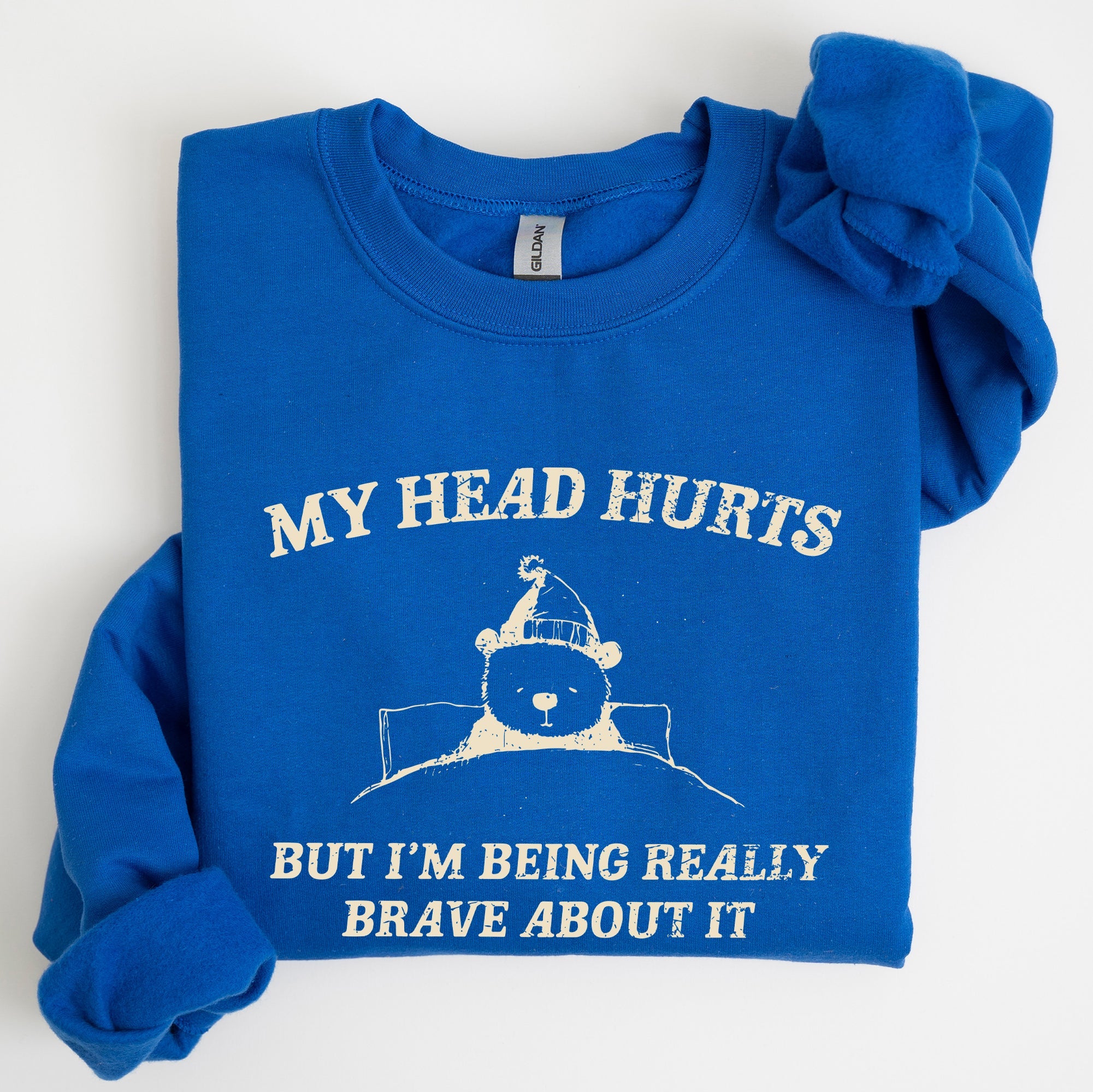 My Head Hurts Bear Sick Meme Aesthetic Funny Graphic Premium Soft Cotton Sweatshirt