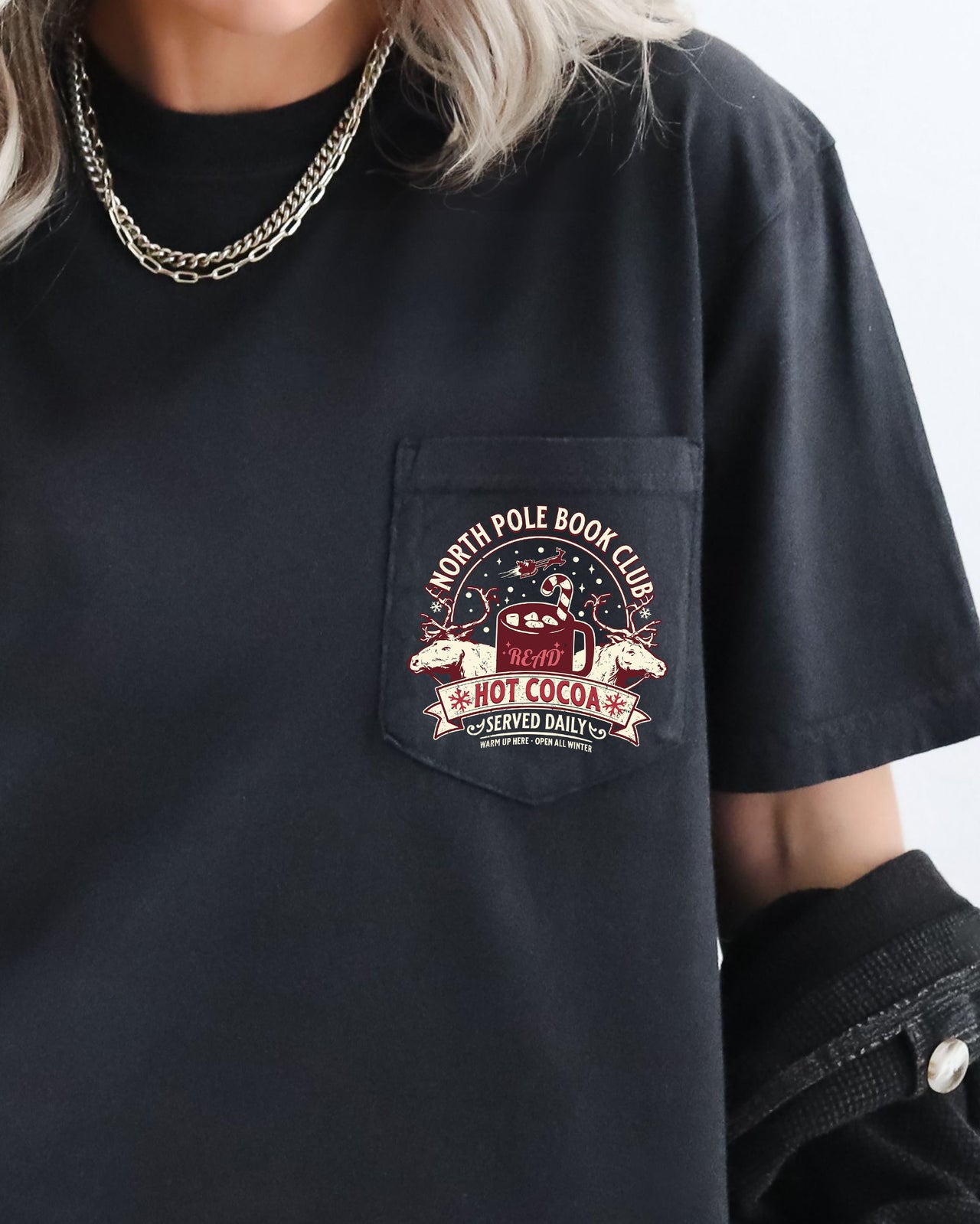 North Pole Book Club Pocket Hot Cocoa Christmas Winter Snow Reindeer Santa Xmas Comfort Colors Tee