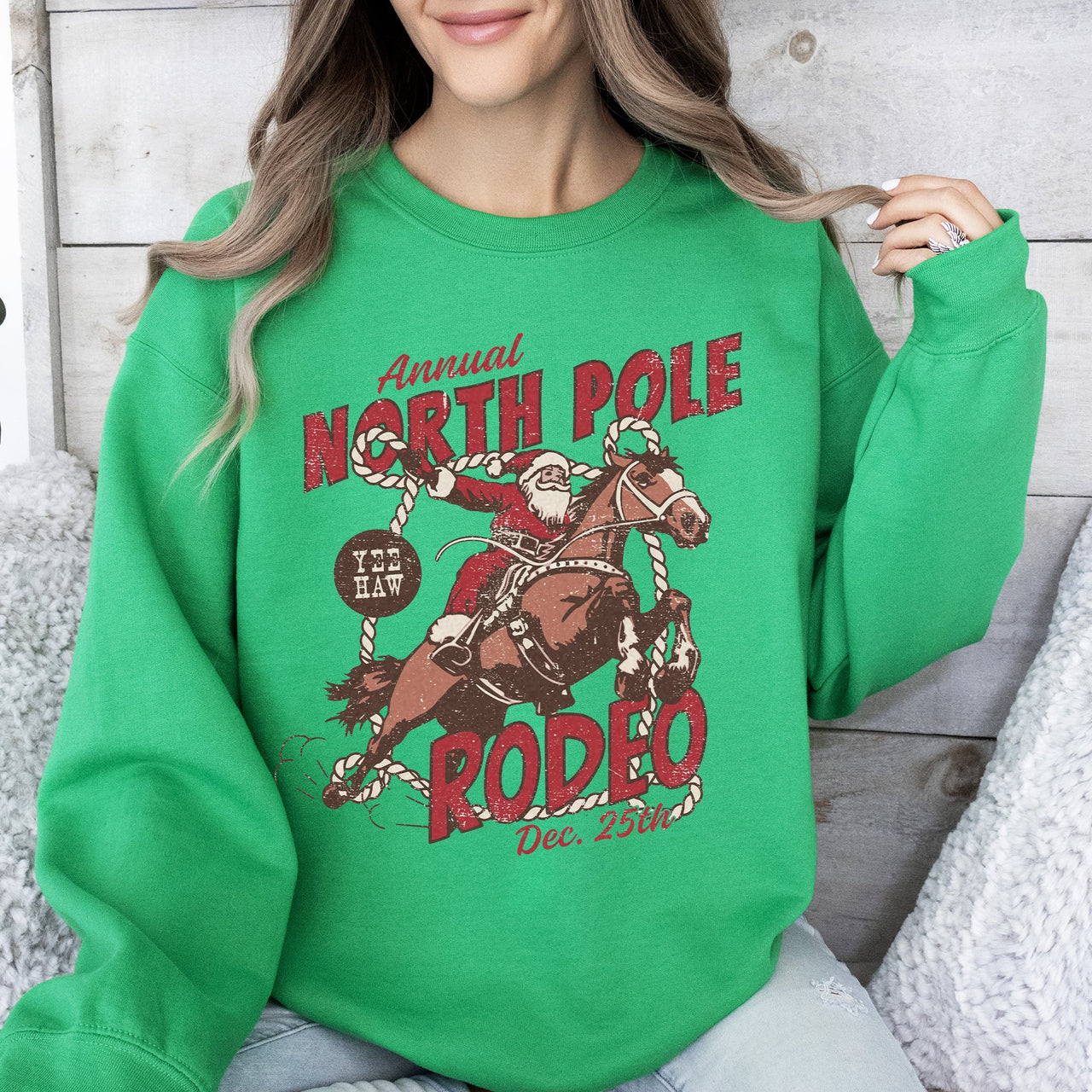 North Pole Rode Santa Christmas Western Cowboy Yee Haw Horse Holiday Theme Sweatshirt