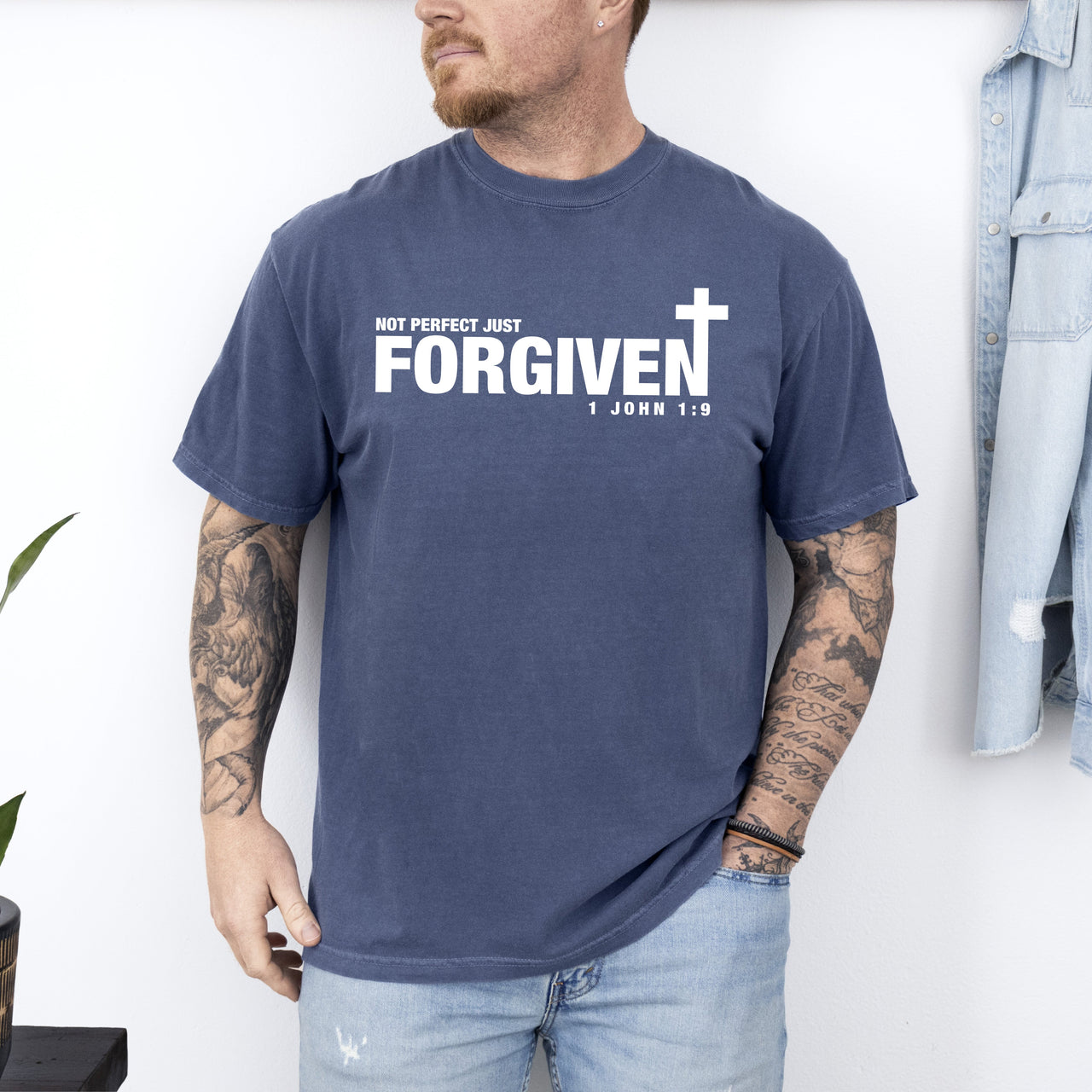 Not Perfect, Just Forgiven John Jesus Gospel Faith Bible Verse Inspired Comfort Colors Tee