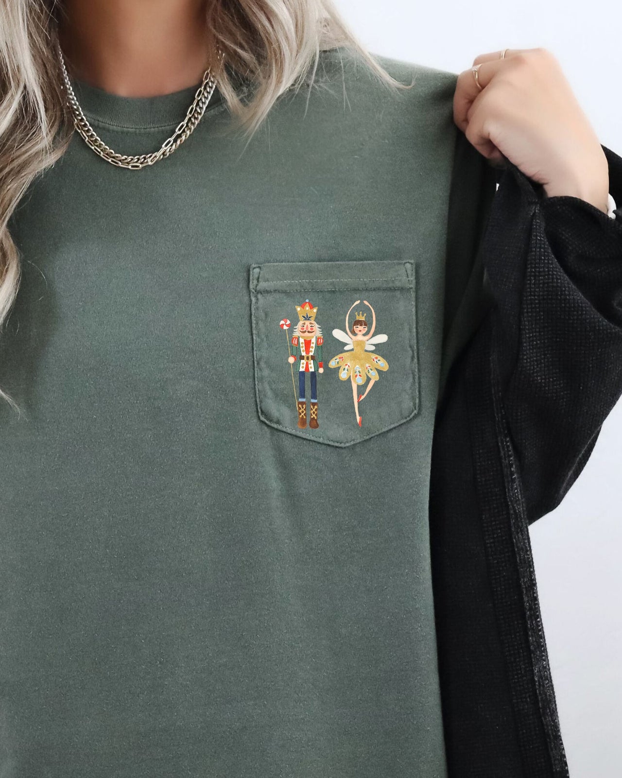 Nutcracker Ballet Ballerina Pocket Christmas Winter Snow Santa Xmas Comfort Colors Tee