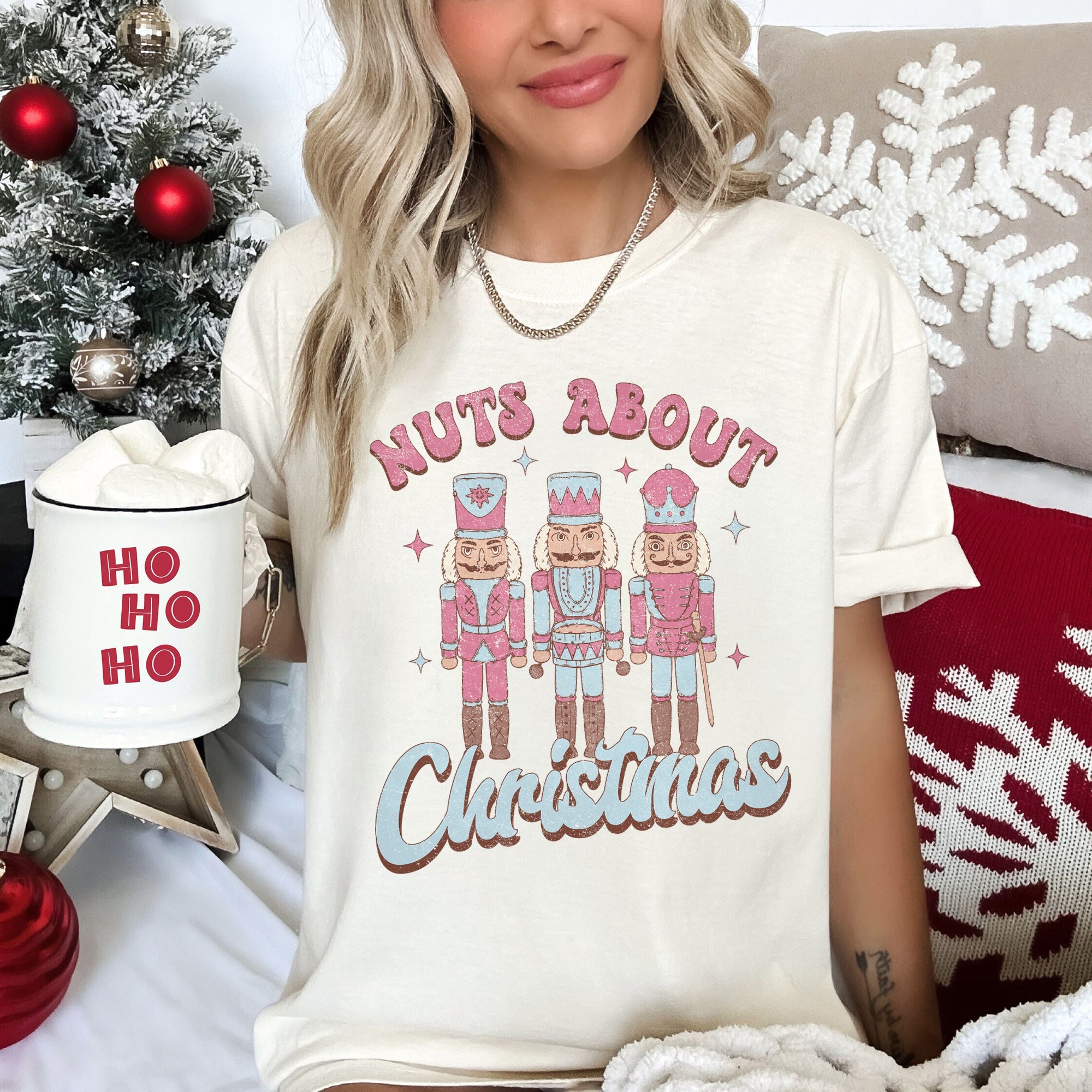 Nuts About Christmas Pink Nutcrackers Seasonal Holiday Joyful Cheer Comfort Colors Tee