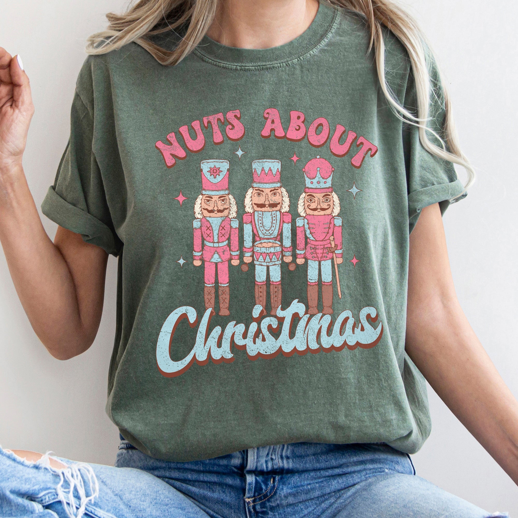 Nuts About Christmas Pink Nutcrackers Seasonal Holiday Joyful Cheer Comfort Colors Tee