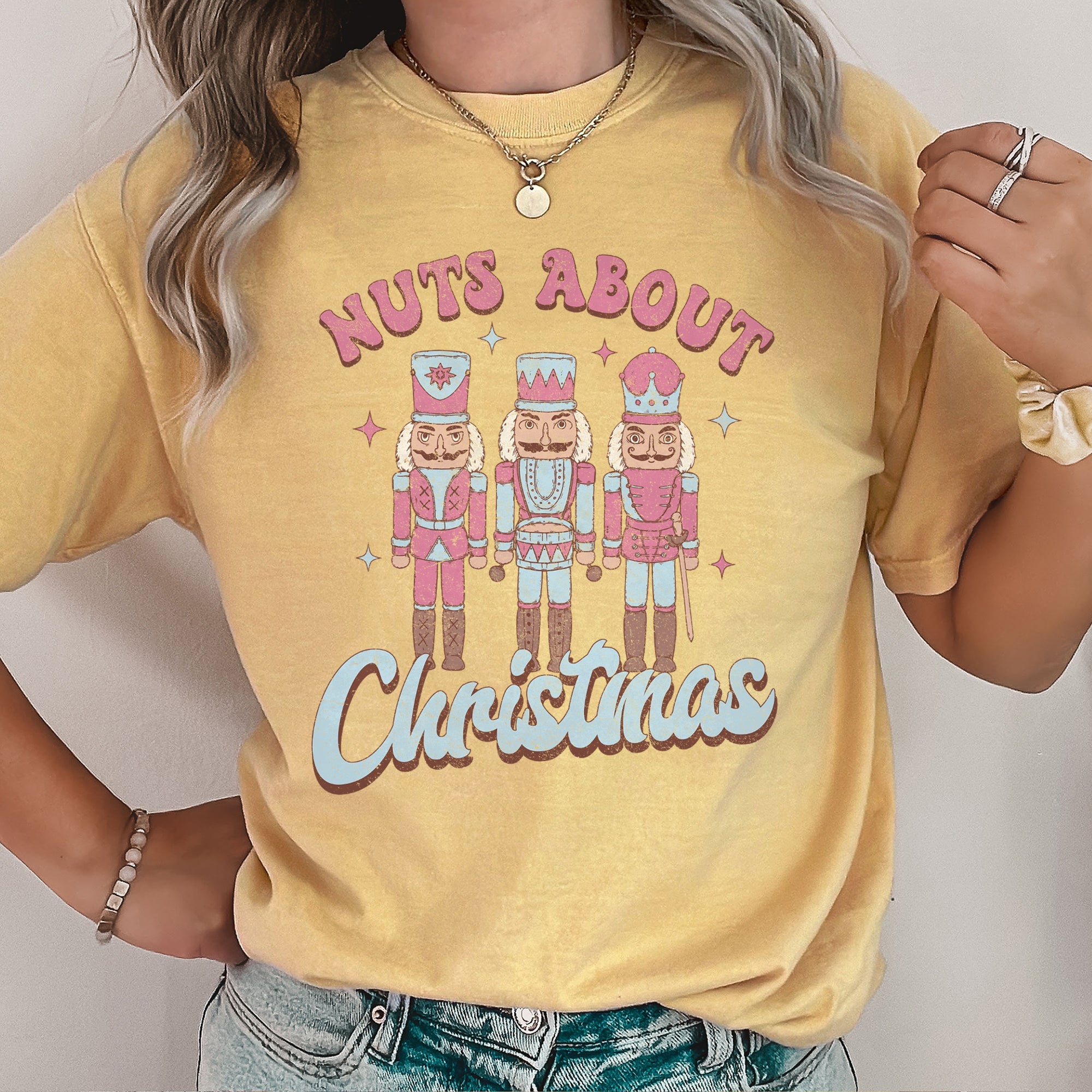 Nuts About Christmas Pink Nutcrackers Seasonal Holiday Joyful Cheer Comfort Colors Tee