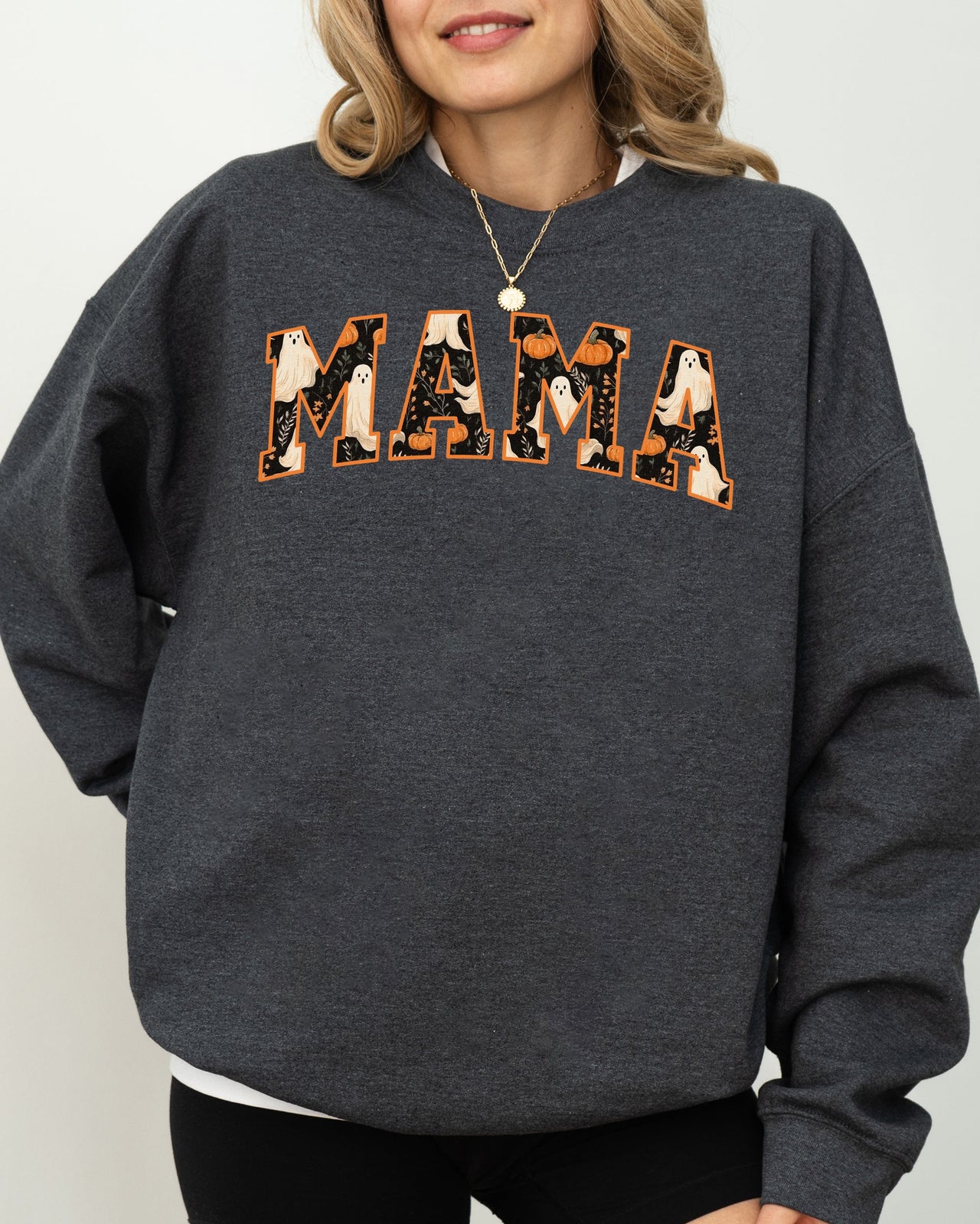 Mama Ghost Skeleton Pumpkin Witch Spooky Halloween Costume Meme Graphic Cozy Sweatshirt