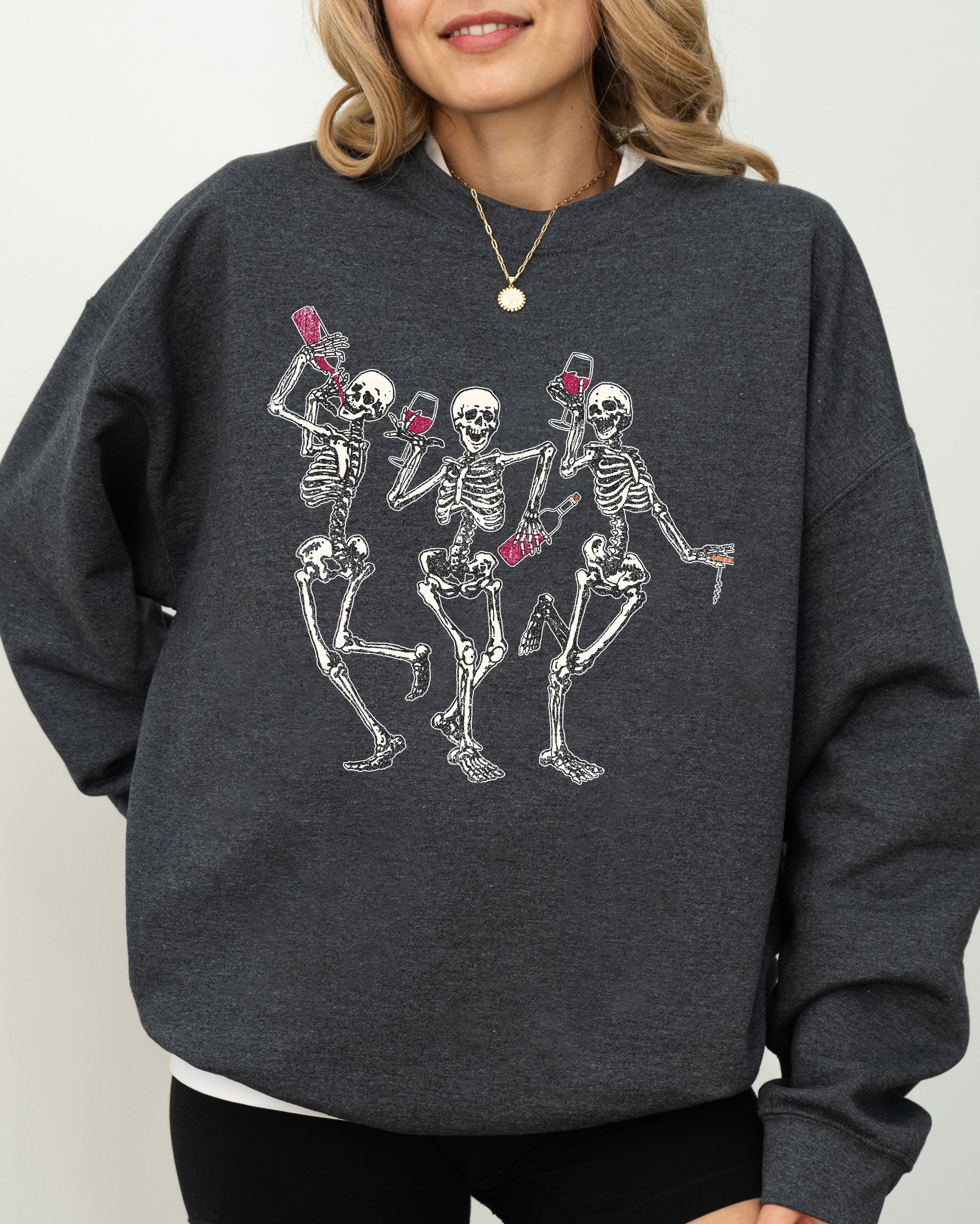 Dancing Skeletons Drinking Wine Ghost Spooky Witch Halloween Theme Comic Vibe Sweatshirt
