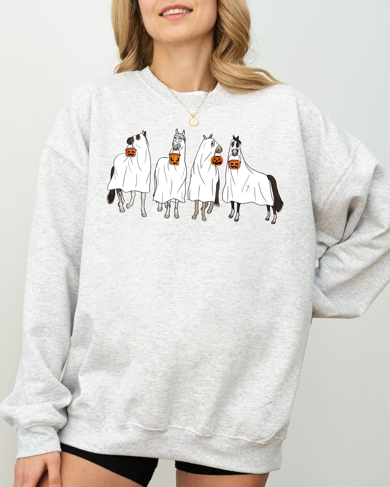 Haunted Horse Ghost Farm Skeleton Witch Skull Halloween Spooky Meme Design Sweatshirt