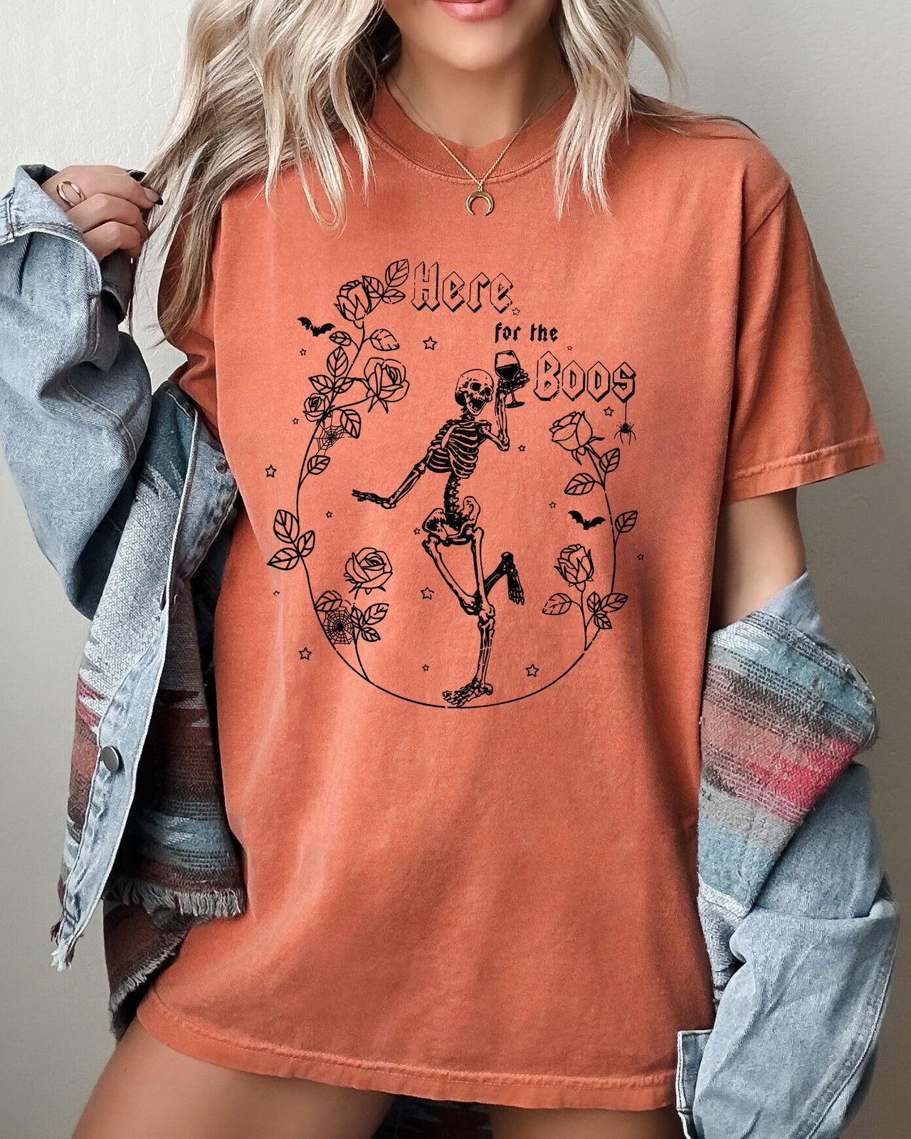 Here For The Boos Skeleton Ghost Witch Skull Spooky Aesthetic Meme Halloween Costume Comfort Colors Tee