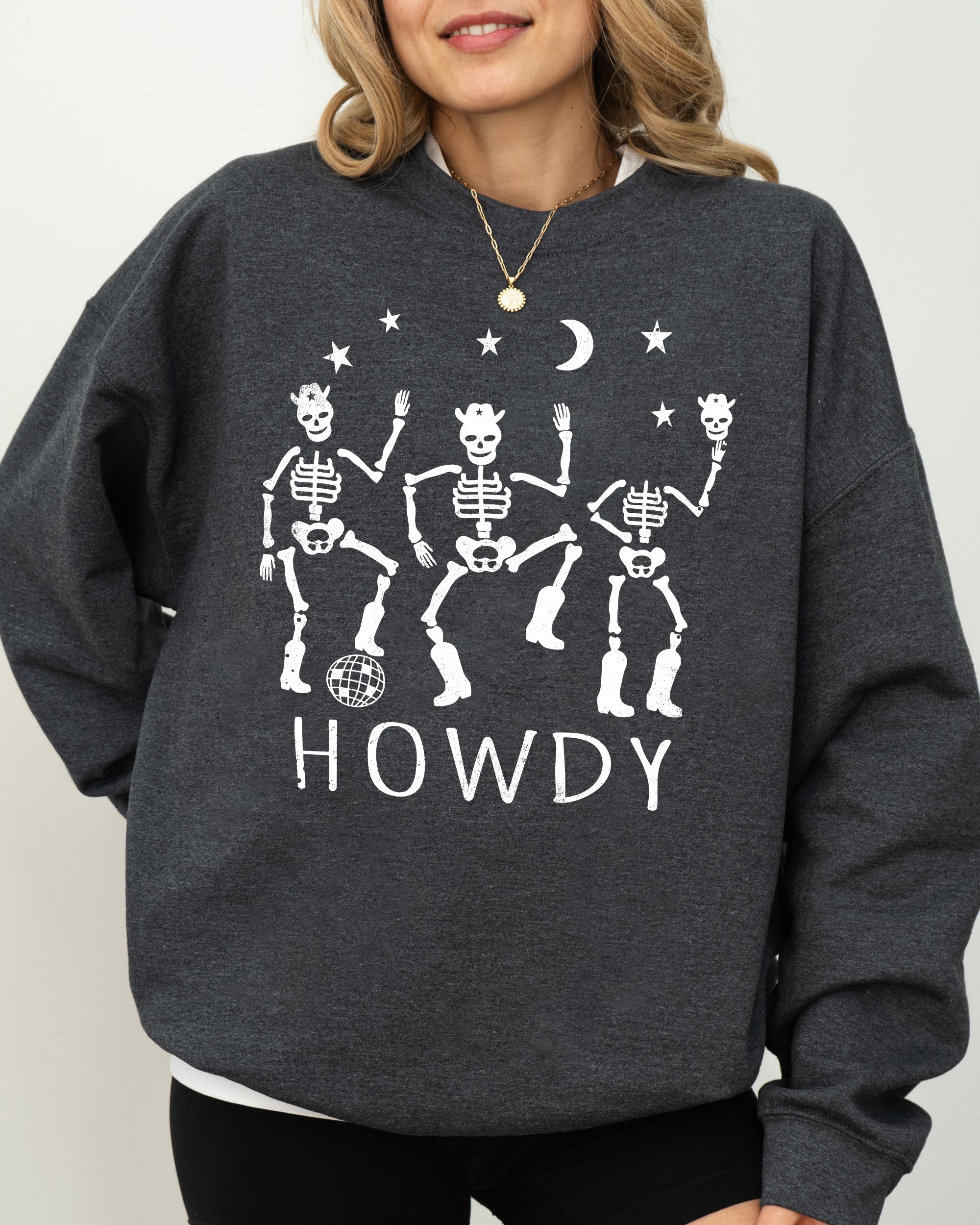Dancing Skeletons Howdy Spooky Ghost Witch Skull Meme Halloween Party Mascot Sweatshirt