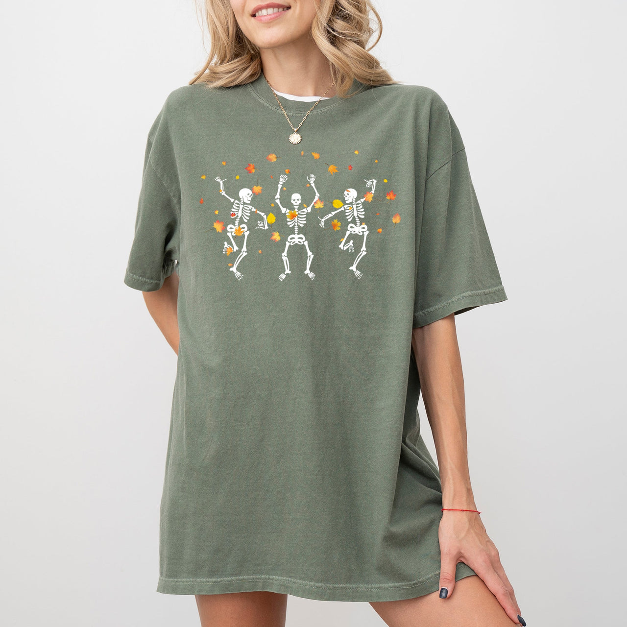 Fall Leaves Dancing Skeletons Ghost Witch Skull Halloween Meme Comfort Colors Tee