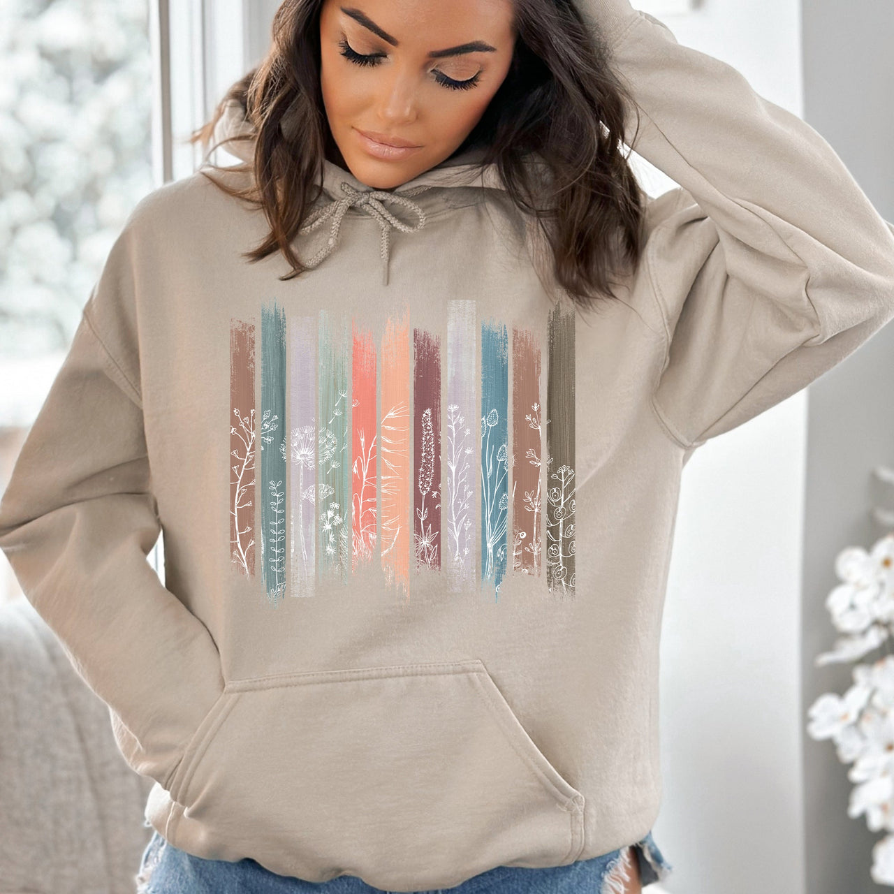 Wildflowers Nature Floral Botanical Stripes Cozy Soft Fleece Texture Vintage Inspired Everyday Wear Graphic Hoodie