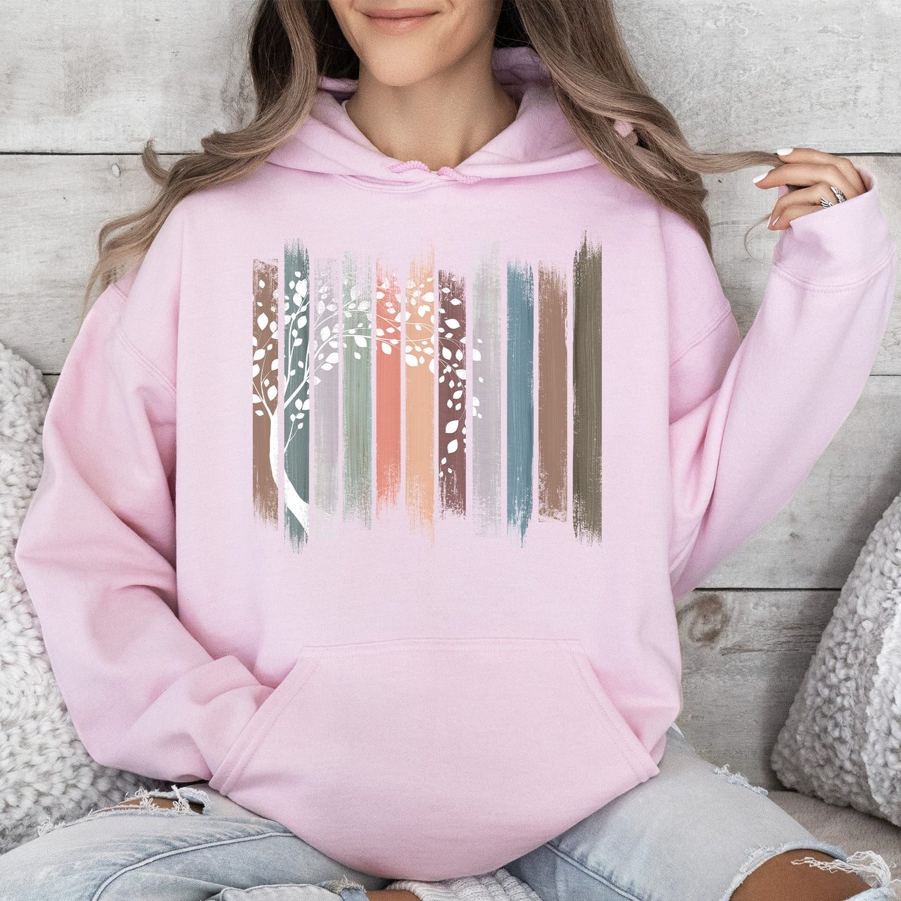 Botanical Stripes Tree Nature Scene Illustration Garden Leaves Forest Abstract Floral Print Hoodie
