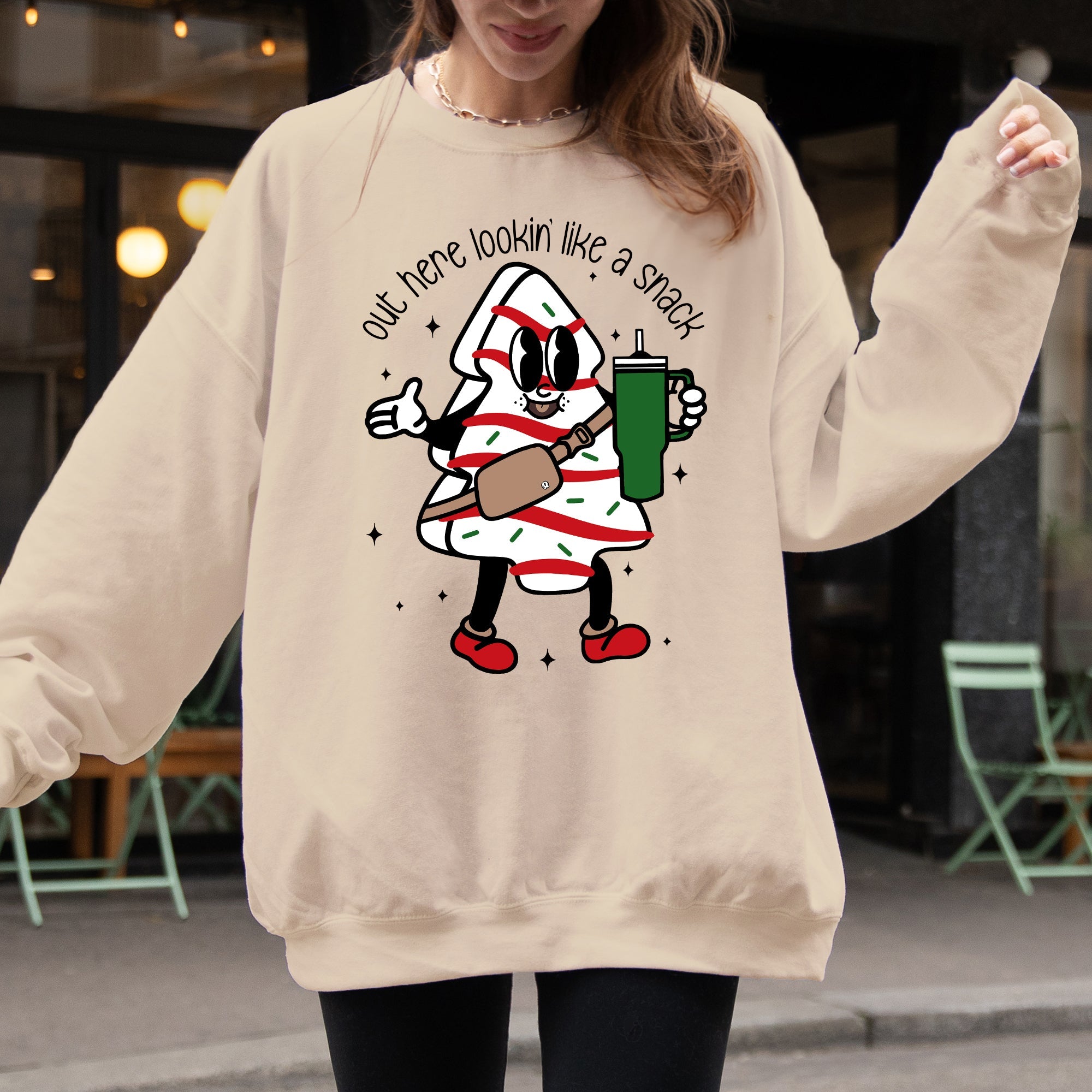 Out Here Looking Like A Snack Christmas Cake Santa Xmas Holiday Festive Cozy Sweatshirt