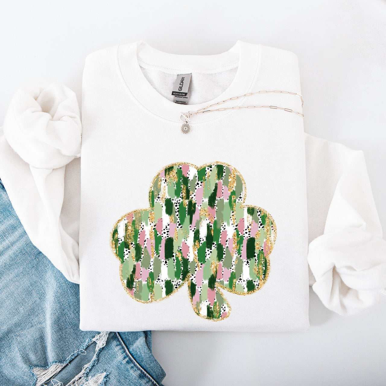 Painted Leprechaun Shamrock Scene With Faux Glitter And Lucky Festive Vibes Sweatshirt