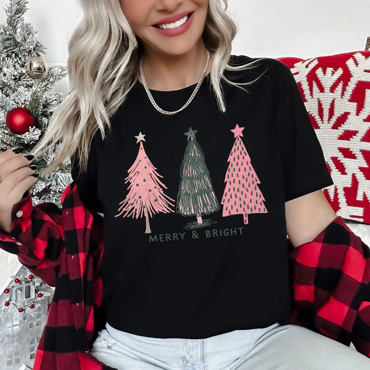 Pastel Christmas Trees Merry And Bright Pink And Green Festive Holiday Graphic Tee