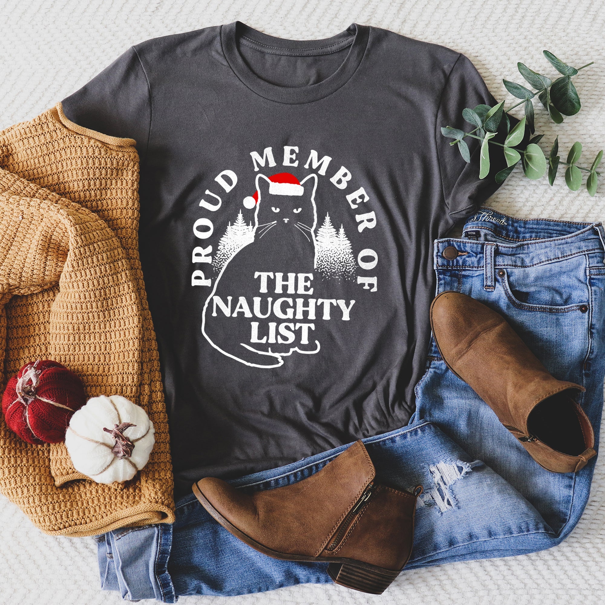 Proud Member Of The Naughty List Cat Christmas Santa Claus Illustration Graphic Tee