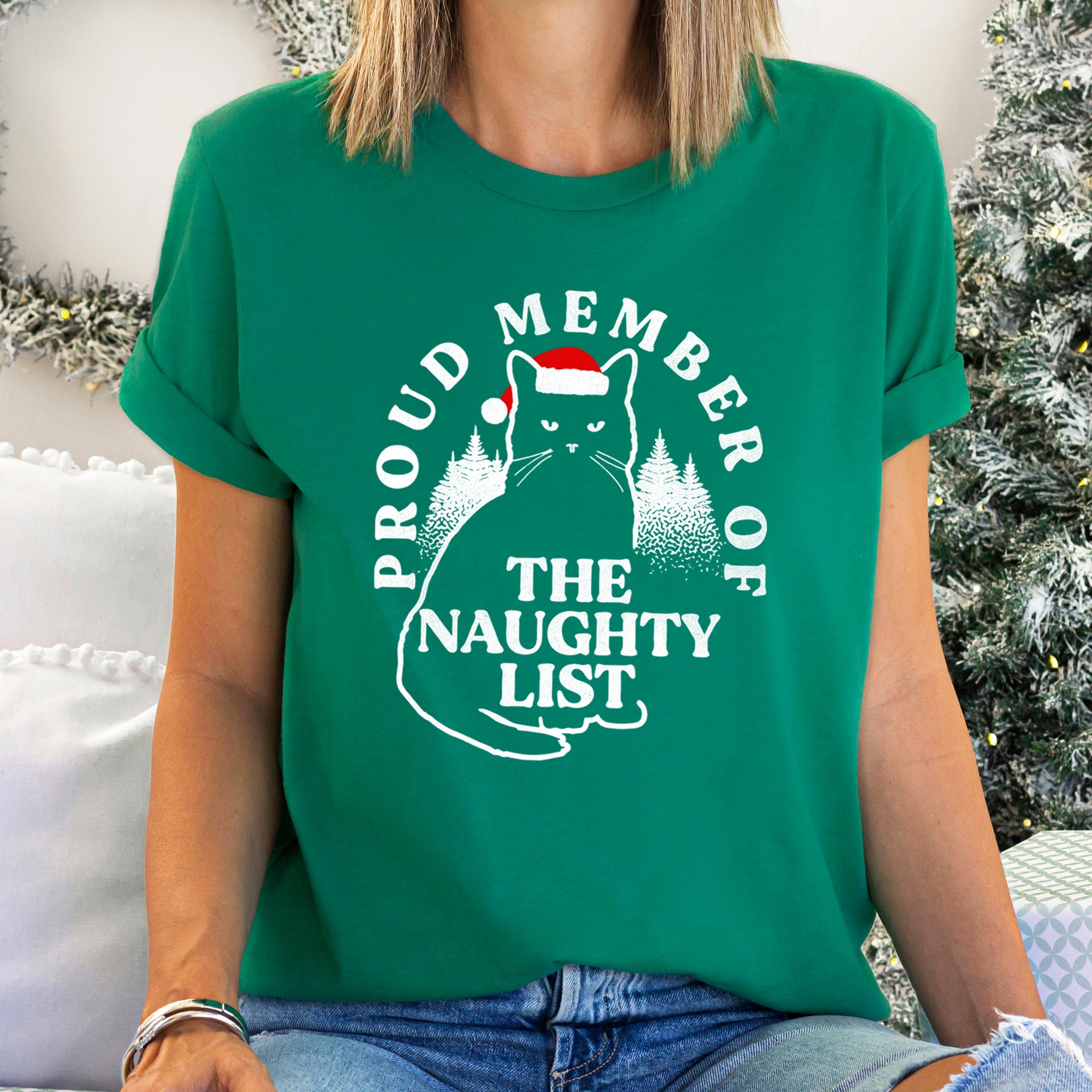 Proud Member Of The Naughty List Cat Christmas Santa Claus Illustration Graphic Tee