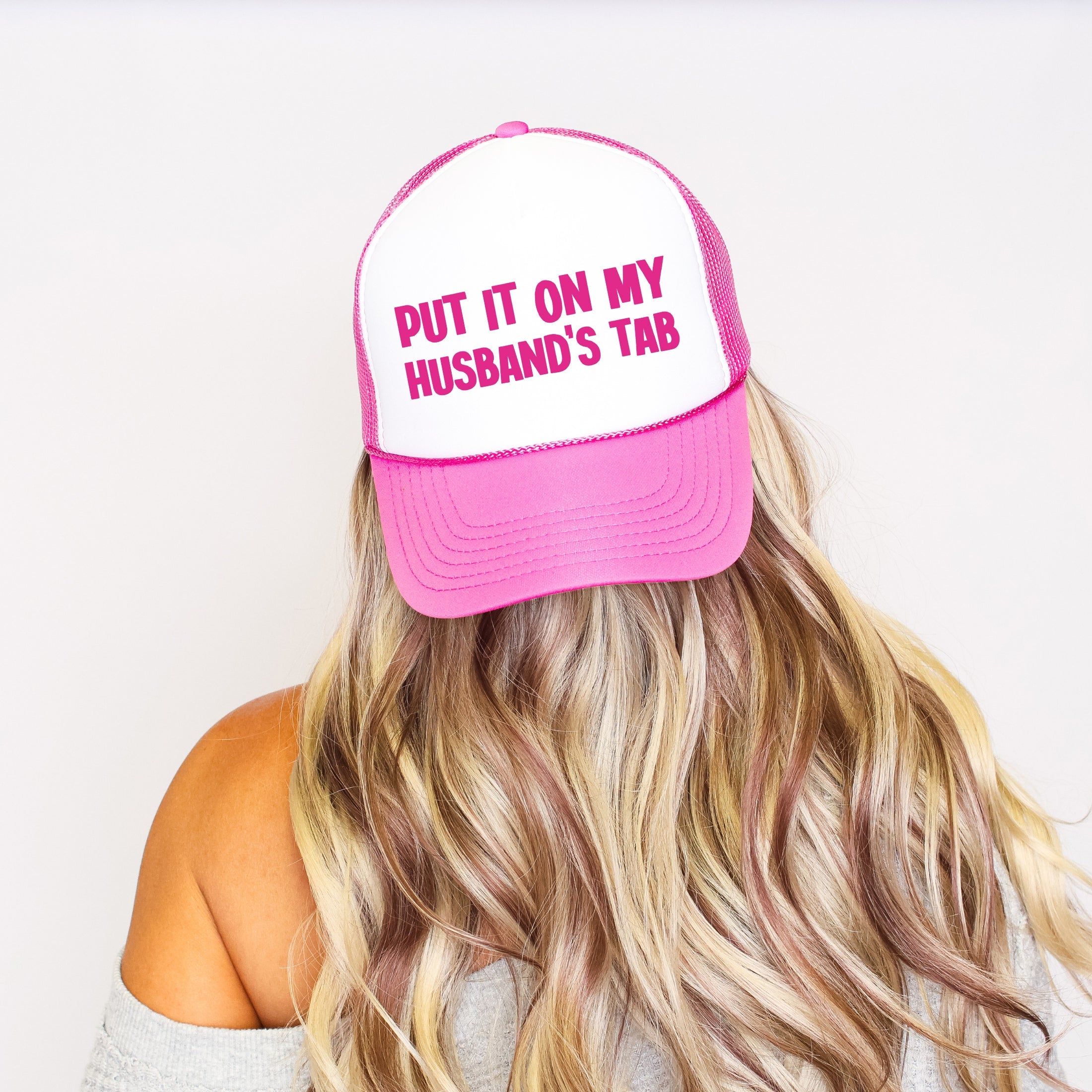 Put It On My Husband's Tab Sassy Saying Graphic Trucker Hat For Bold Style Casual