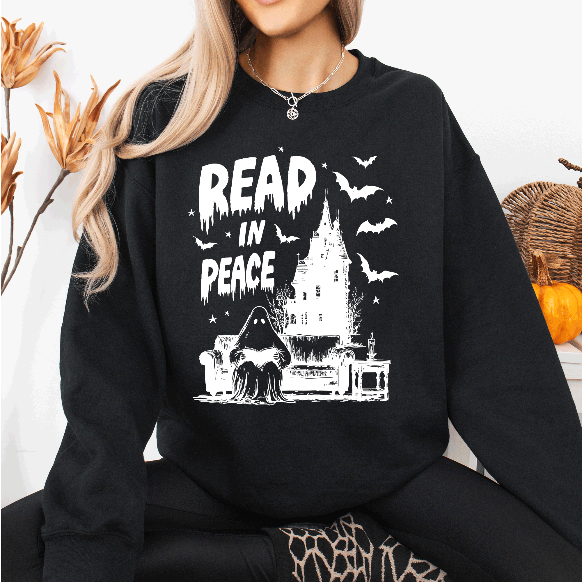 Read In Peace Ghost Haunted Halloween Spooky Bookish Library Booktok Graphic Sweatshirt